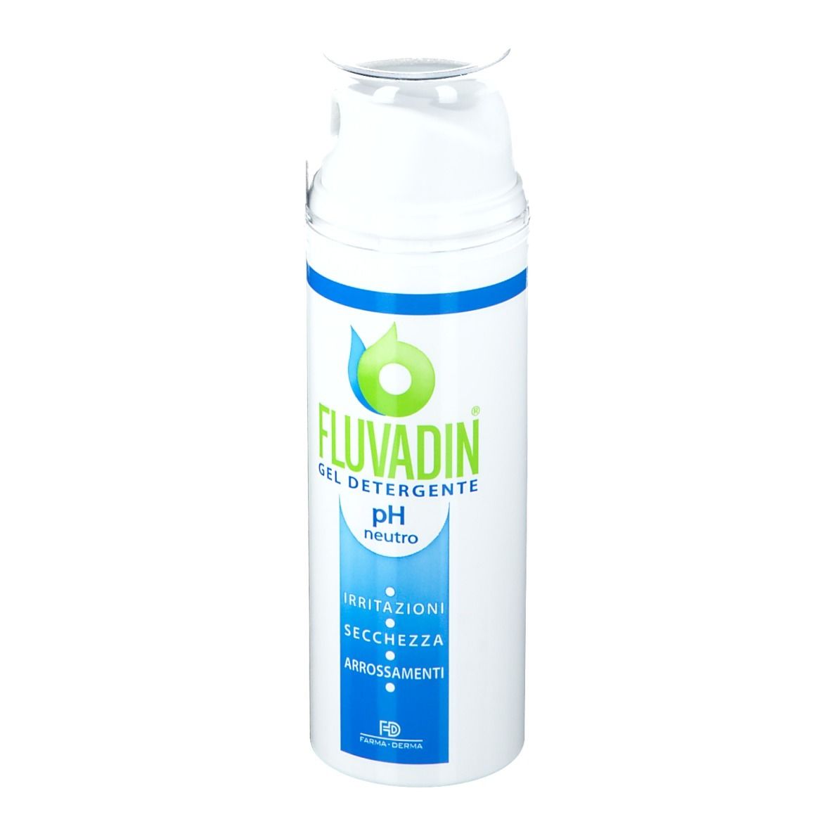 Flacone bianco-blu con logo verde e testo: FLUVADIN Gel Detergente pH neutro. Contro irritazioni, secchezza, arrossamenti.