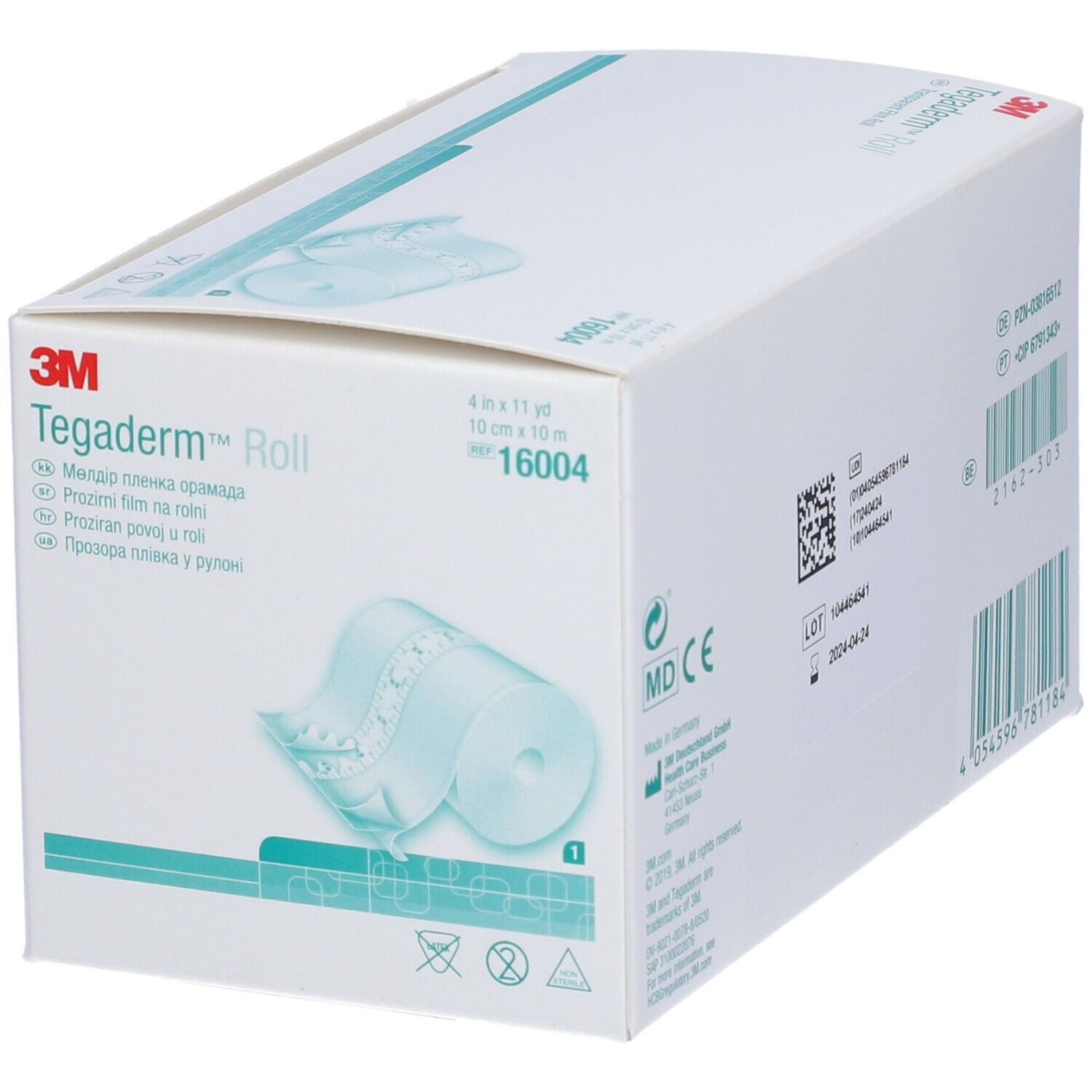 3M Tegaderm Roll, film trasparente in rotolo, confezione bianca. Dimensioni: 10 cm x 10 m. Marcatura MD CE.