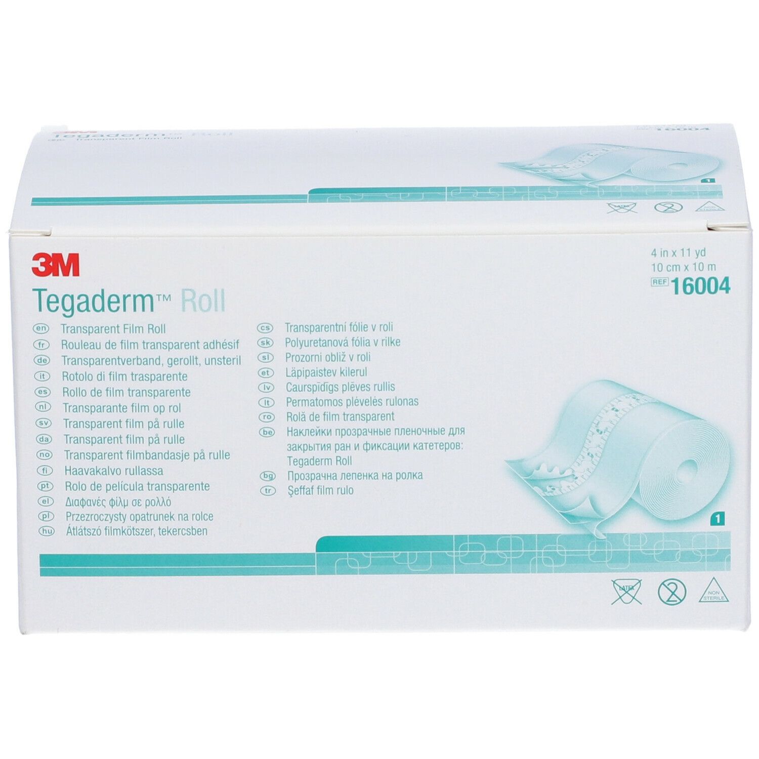 3M Tegaderm Roll, film trasparente in rotolo, confezione bianca. Dimensioni: 10 cm x 10 m. Denominazioni multilingue del prodotto.