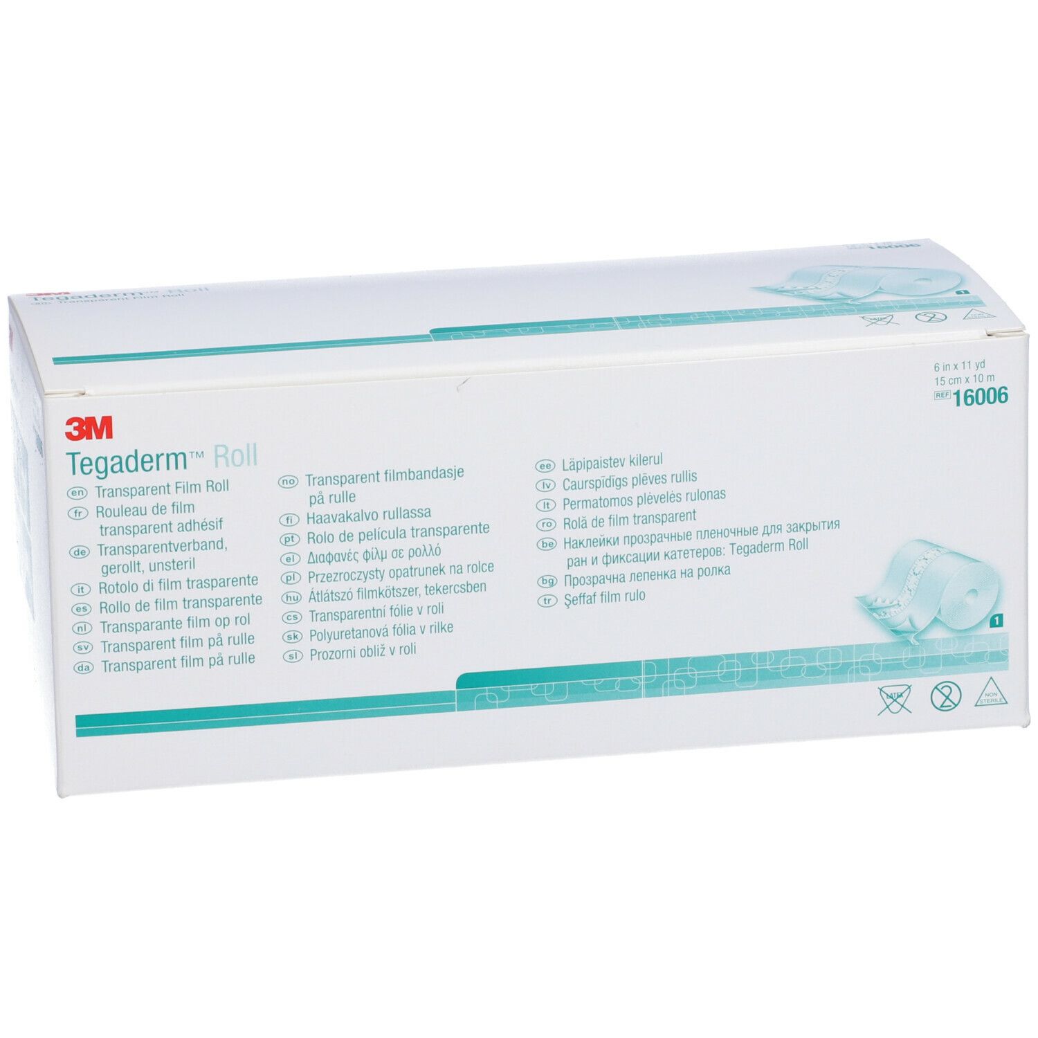 Confezione di 3M Tegaderm Roll. Nome del prodotto e traduzioni. Dimensioni: 15 cm x 10 m. Codice articolo 16006.