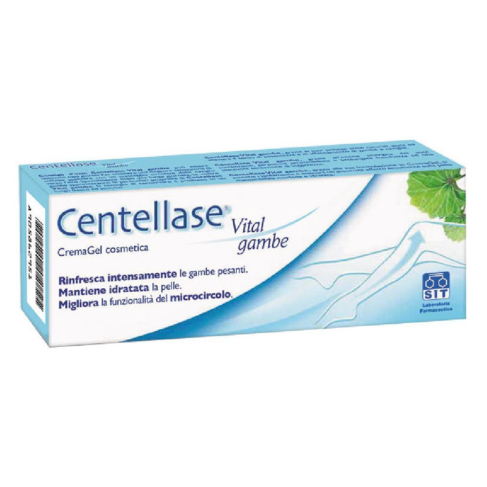 Scatola blu e bianca Centellase® Vital gambe. Testo e illustrazione di una gamba. Logo SIT.