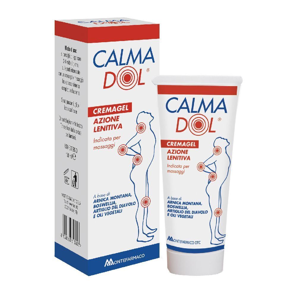 Tube et emballage de crème-gel. Nom du produit: Calmadol. Texte: Cremagel, Azione Lenitiva. Illustration d'un corps avec points de douleur.