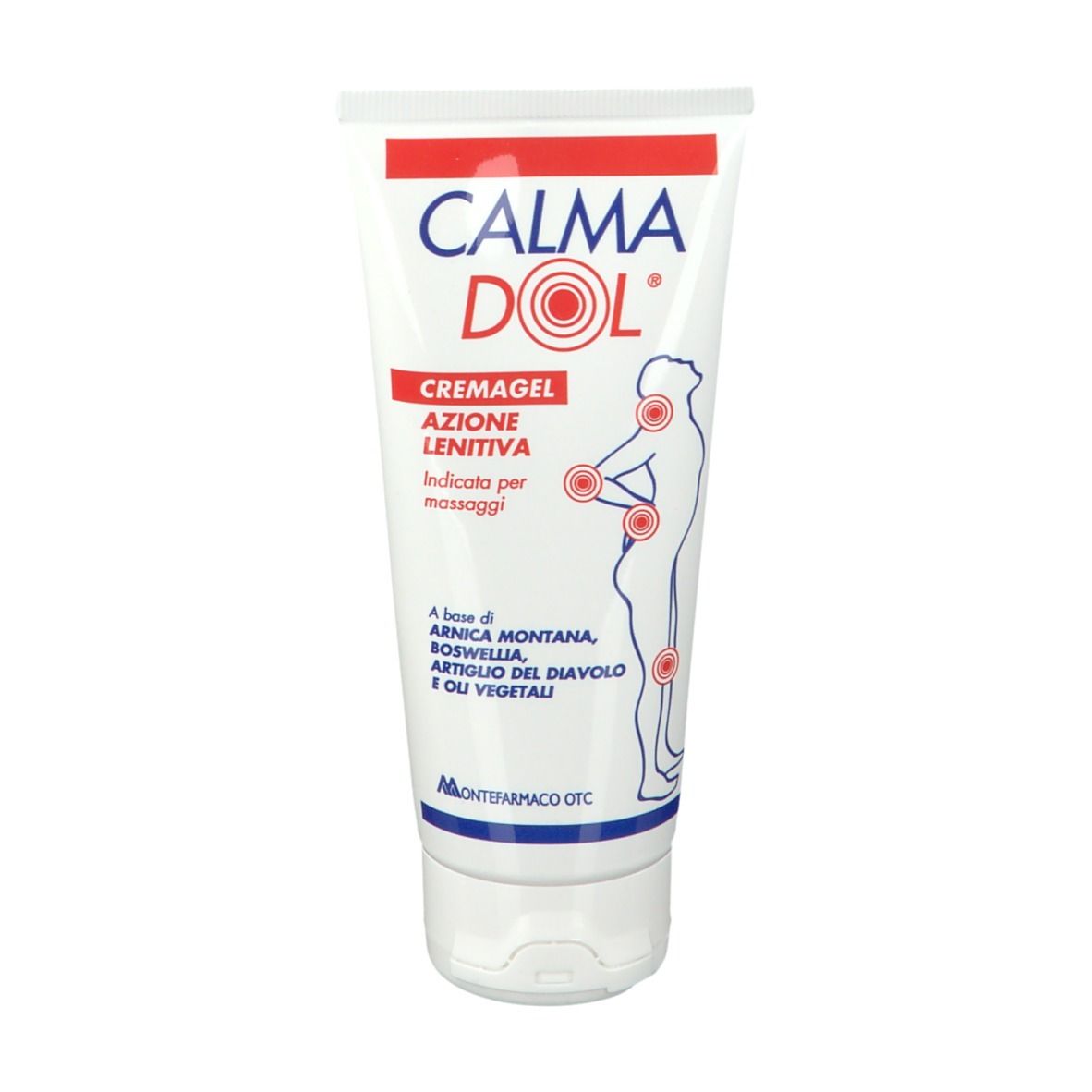 Tube de crème-gel. Nom du produit: Calmadol. Texte: Cremagel, Azione Lenitiva. Illustration d'un corps avec points de douleur.