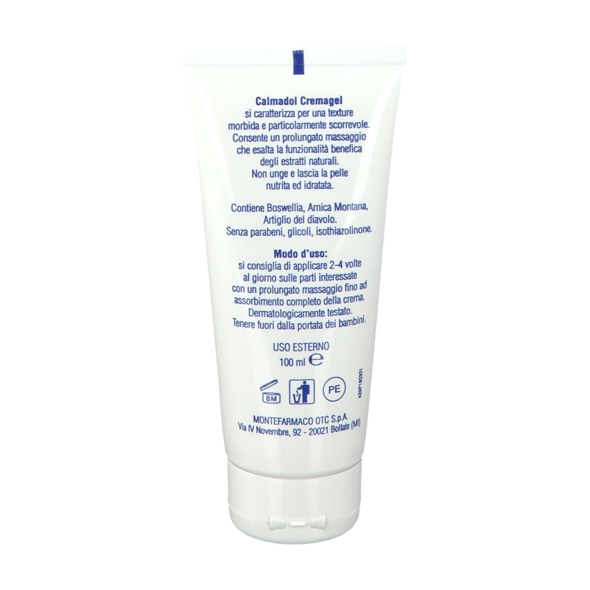 Dos du tube de crème-gel. Texte: Calmadol Cremagel. Contient Boswellia, Arnica Montana, Artiglio del diavolo. 100 ml.