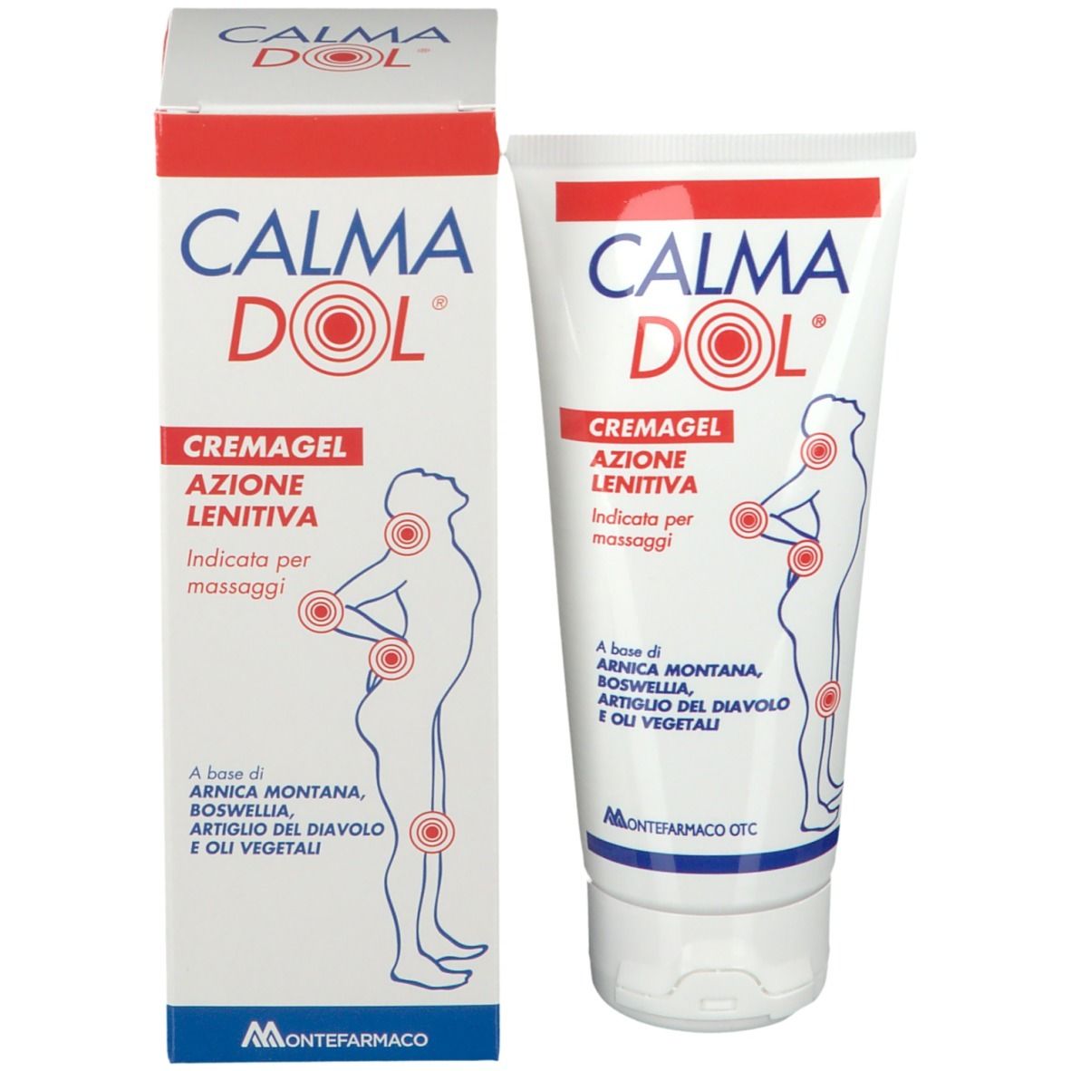 Tube et emballage de crème-gel. Nom du produit: Calmadol. Texte: Cremagel, Azione Lenitiva. Illustration d'un corps avec points de douleur.