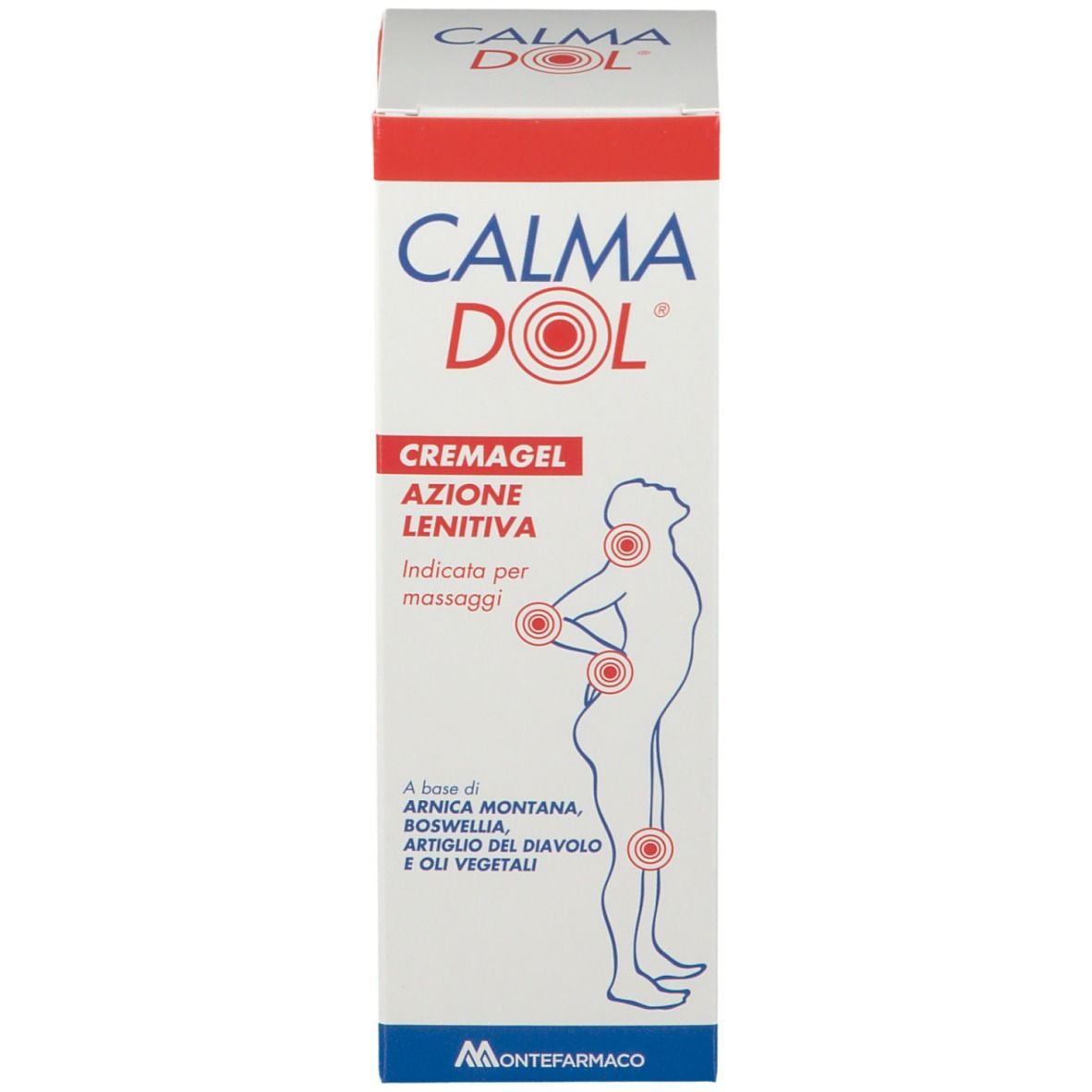Emballage. Nom du produit: Calmadol. Texte: Cremagel, Azione Lenitiva. Illustration d'un corps avec points de douleur.