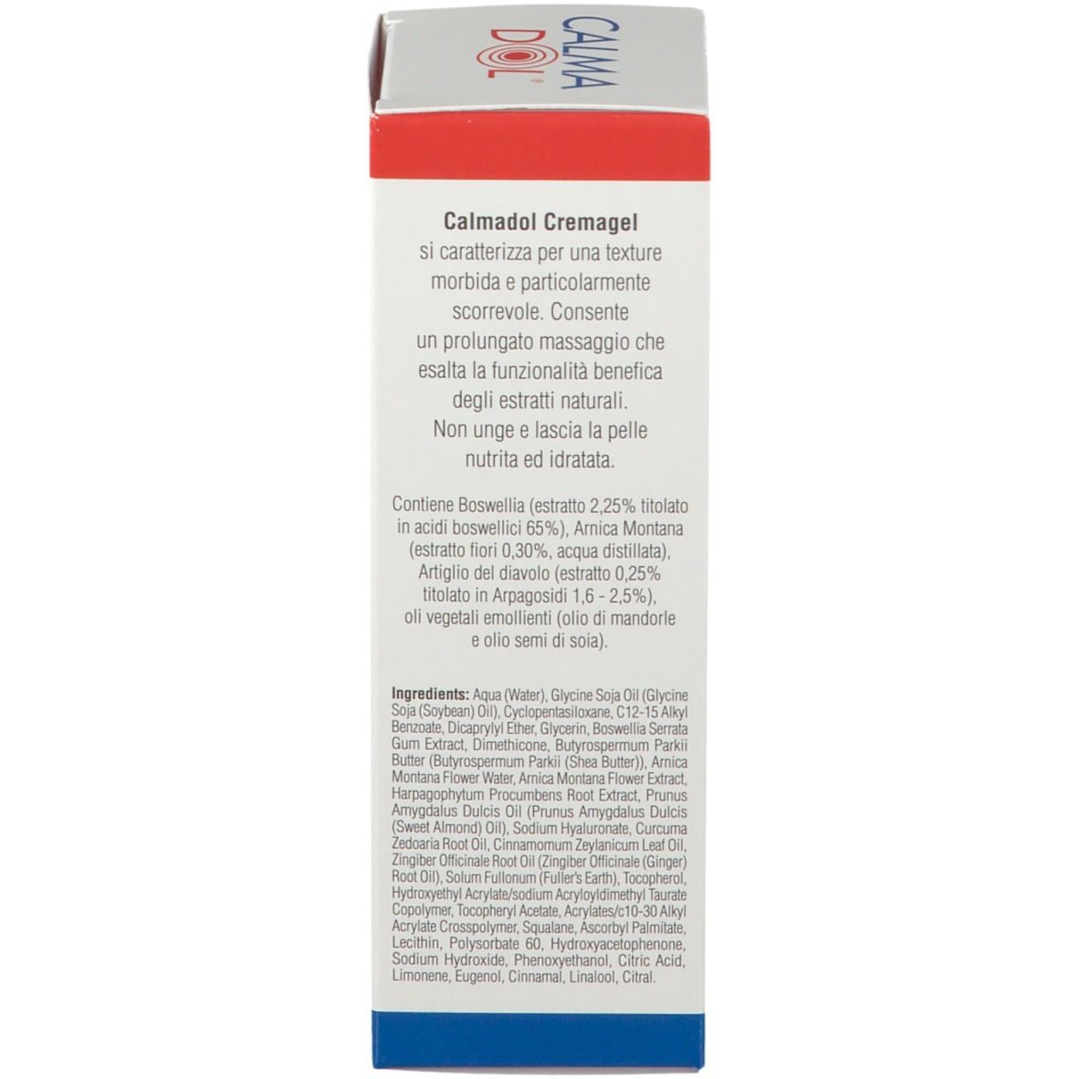 Dos de l'emballage. Texte: Calmadol Cremagel. Contient Boswellia, Arnica Montana, Artiglio del diavolo. Ingrédients.