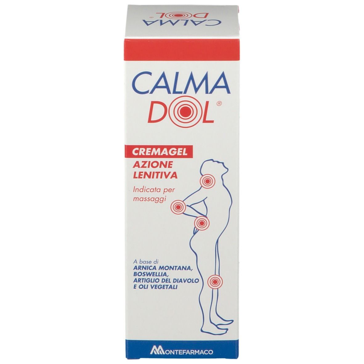 Emballage. Nom du produit: Calmadol. Texte: Cremagel, Azione Lenitiva. Illustration d'un corps avec points de douleur.
