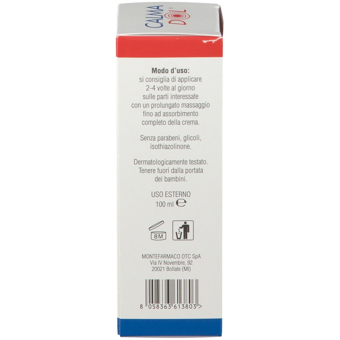 Dos de l'emballage. Texte: Calmadol Cremagel. Mode d'emploi. 100 ml. Testé dermatologiquement.