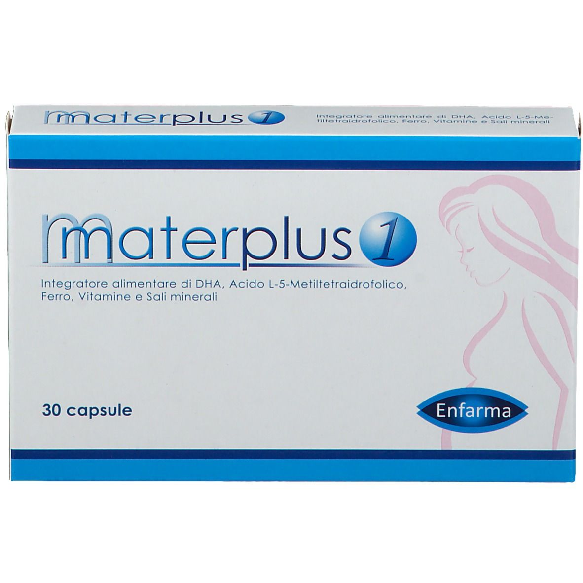 Scatola di materplus 1. Confezione blu e bianca con testo e silhouette di donna incinta. Contiene 30 capsule.