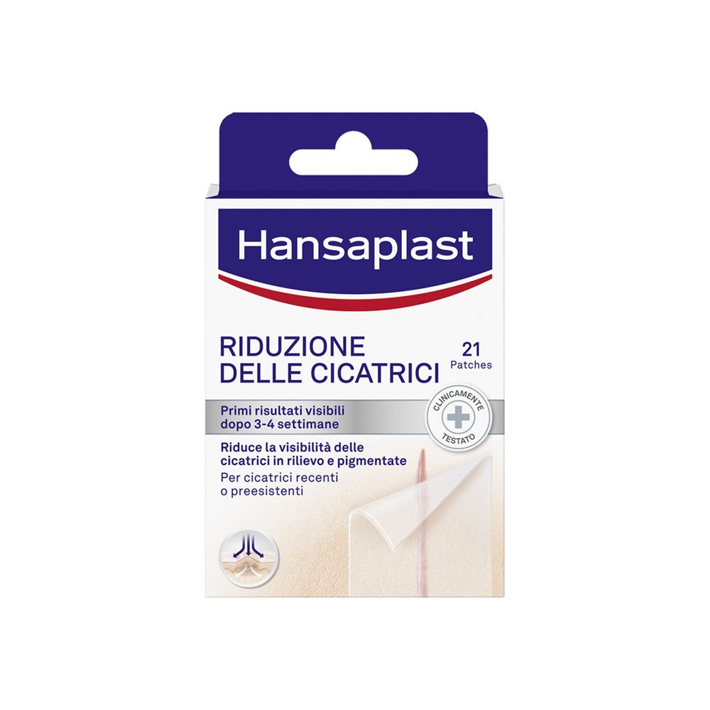Confezione Hansaplast con 21 cerotti per la riduzione delle cicatrici. Scritta: Riduzione delle cicatrici. Clinicamente testato.