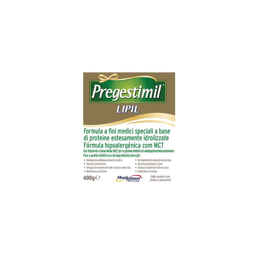 Confezione con nome prodotto Pregestimil LIPIL. Testo: Formula per scopi medici, a base di proteine ​​estremamente idrolizzate.