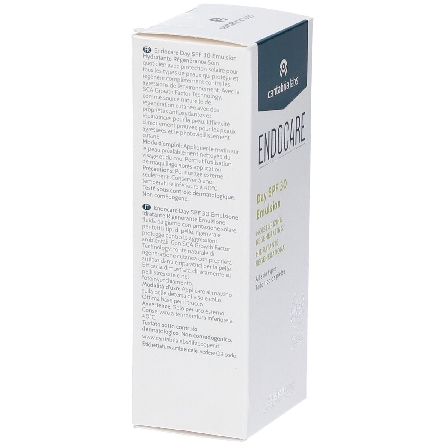 Endocare Day SPF 30 Emulsion Karton, Seite mit detaillierten Anwendungshinweisen.