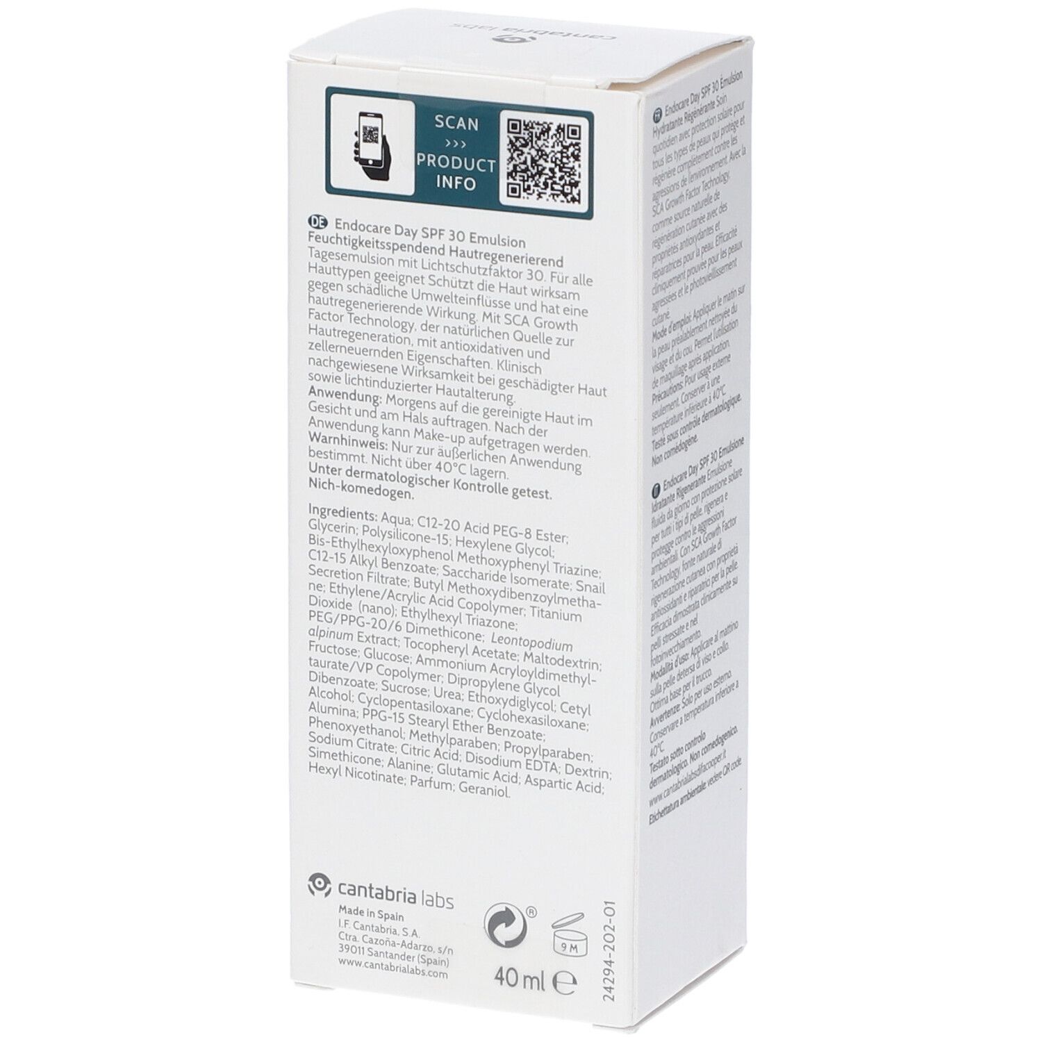 Endocare Day SPF 30 Emulsion Karton, Rückseite mit Inhaltsstoffen und QR-Code.