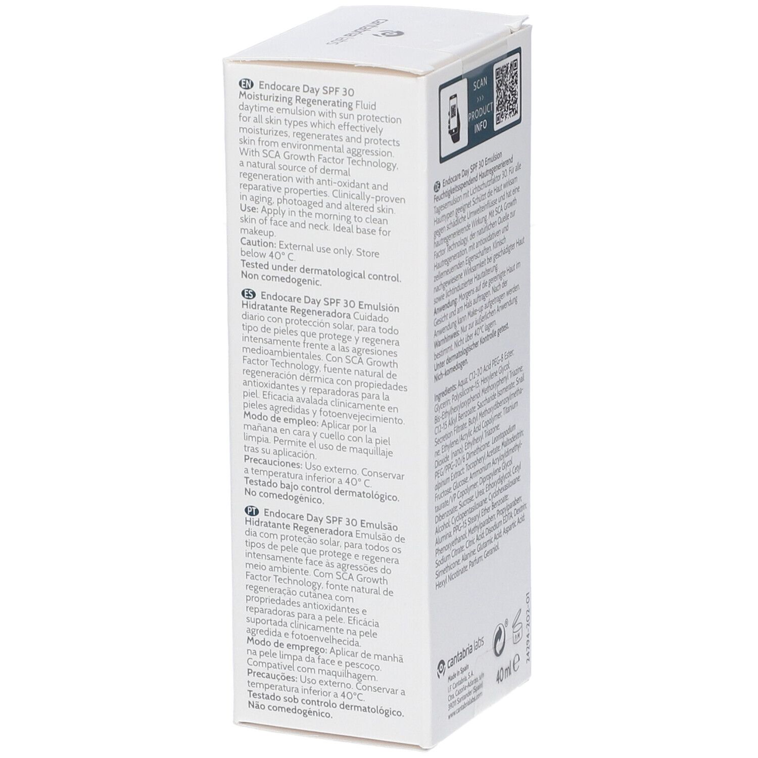 Endocare Day SPF 30 Emulsion Karton, Seite mit mehrsprachigen Produktinformationen.