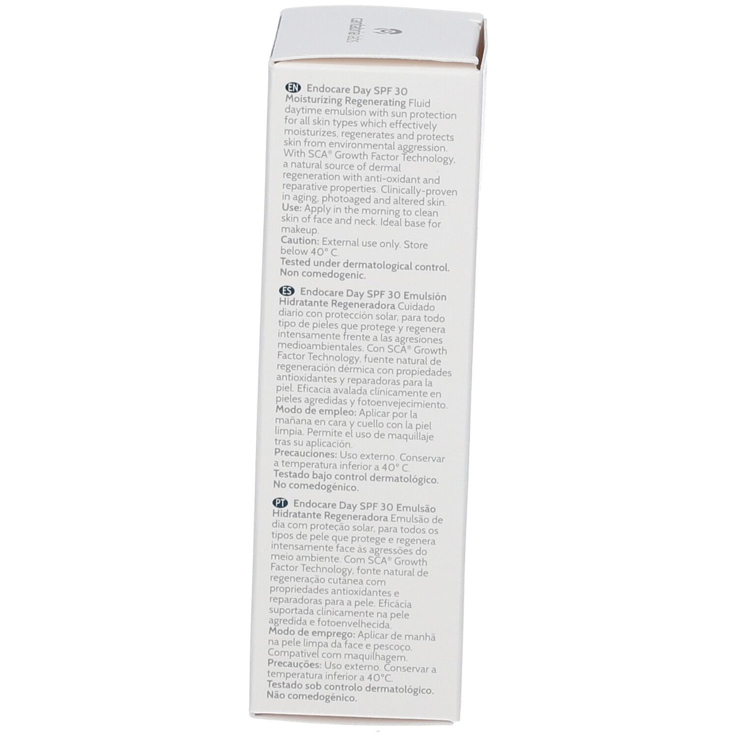 Endocare Day SPF 30 Emulsion Karton, Seite mit detaillierten Anwendungshinweisen.