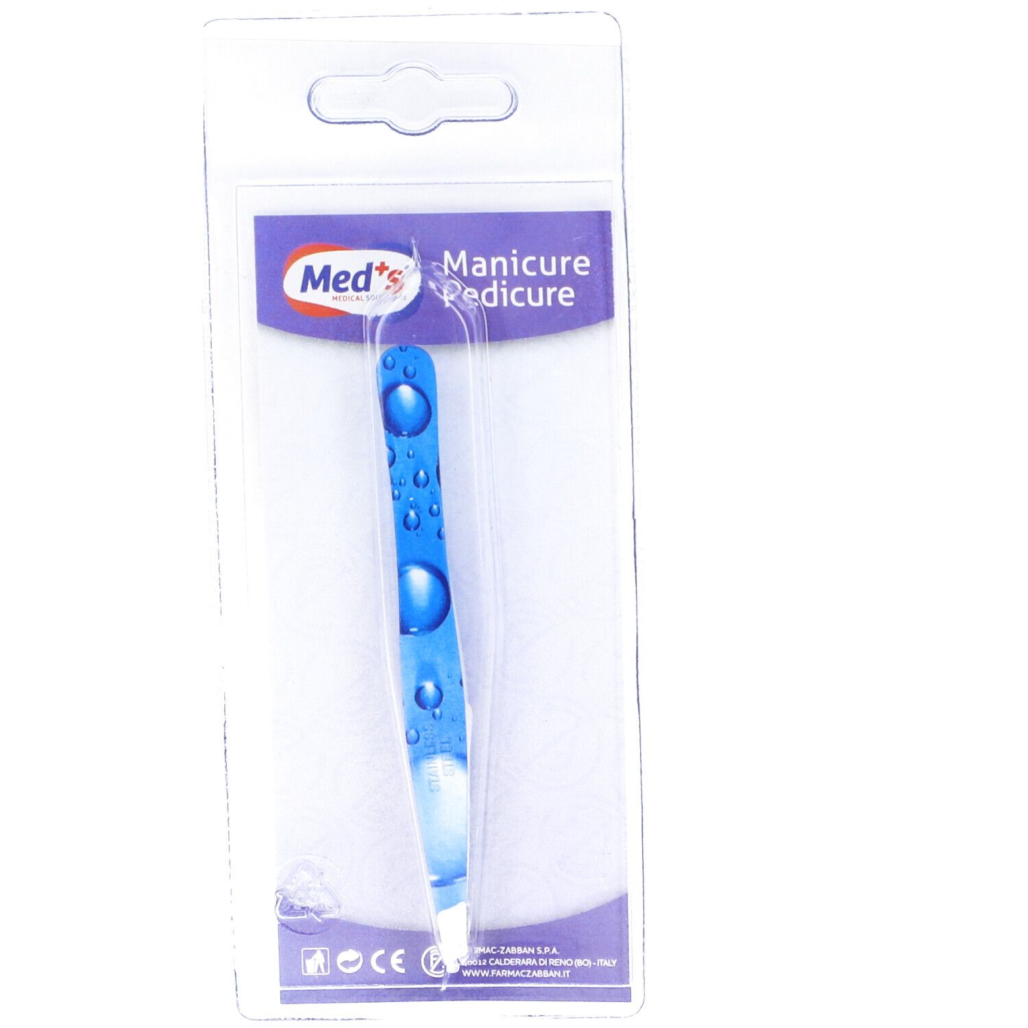 Pinzetta in confezione blister. Pinzetta blu con design a gocce d'acqua. Confezione con scritta 'Manicure Pedicure'.