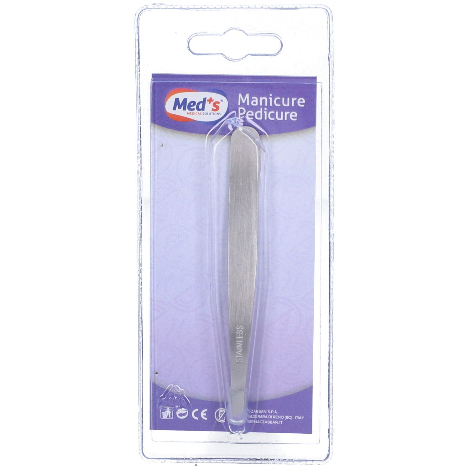 Pinzetta in acciaio inox in confezione blister. Sulla confezione 'Med's Manicure Pedicure'.