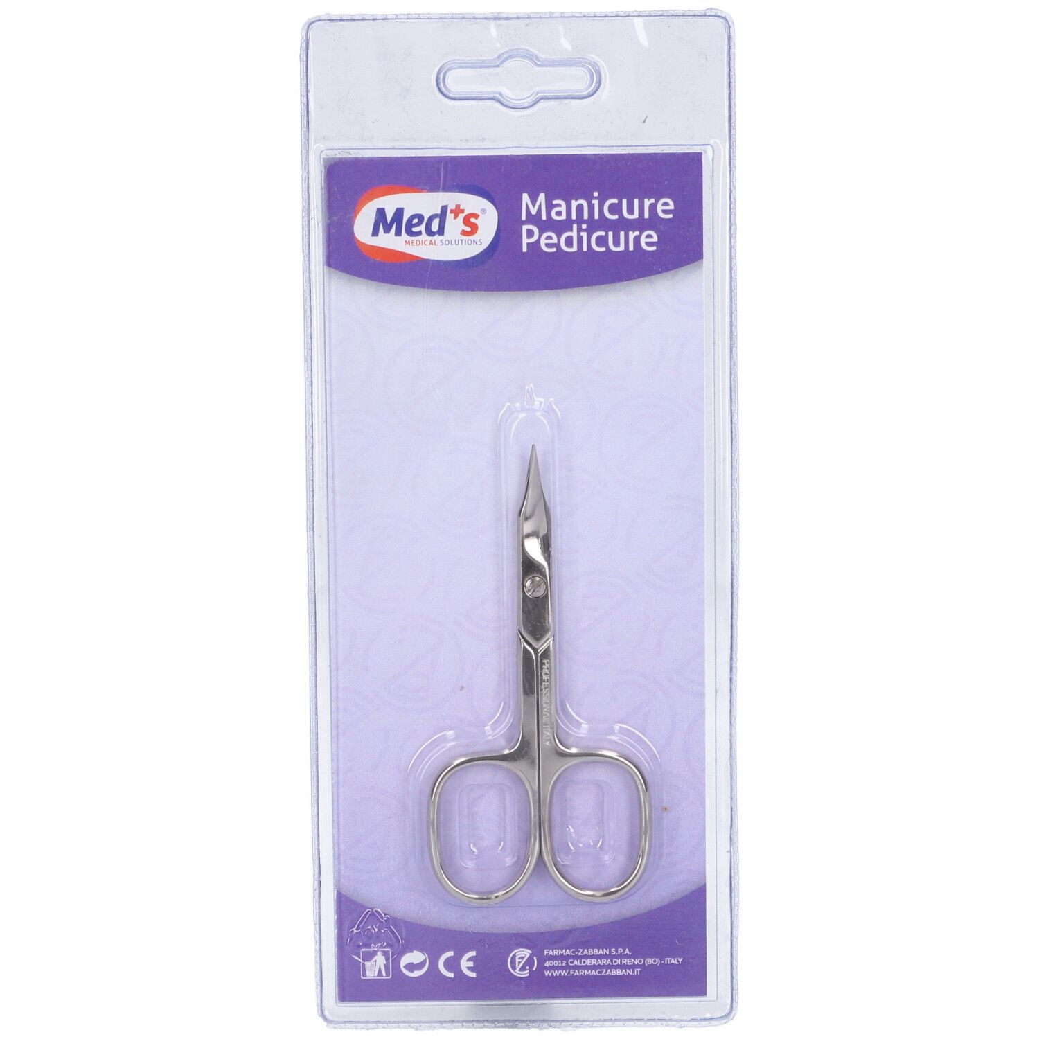 Forbici per unghie nella confezione. Forbici in metallo in confezione trasparente. 'Med's Manicure Pedicure' sulla confezione.