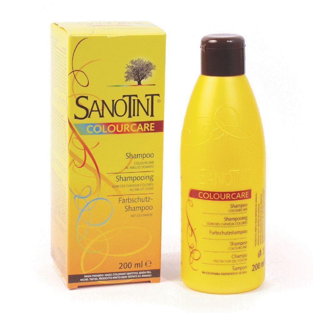 Flacone e scatola gialli Sanotint Colourcare Shampoo. Scritto: Shampoo, Shampooing protettivo colore. 200 ml.