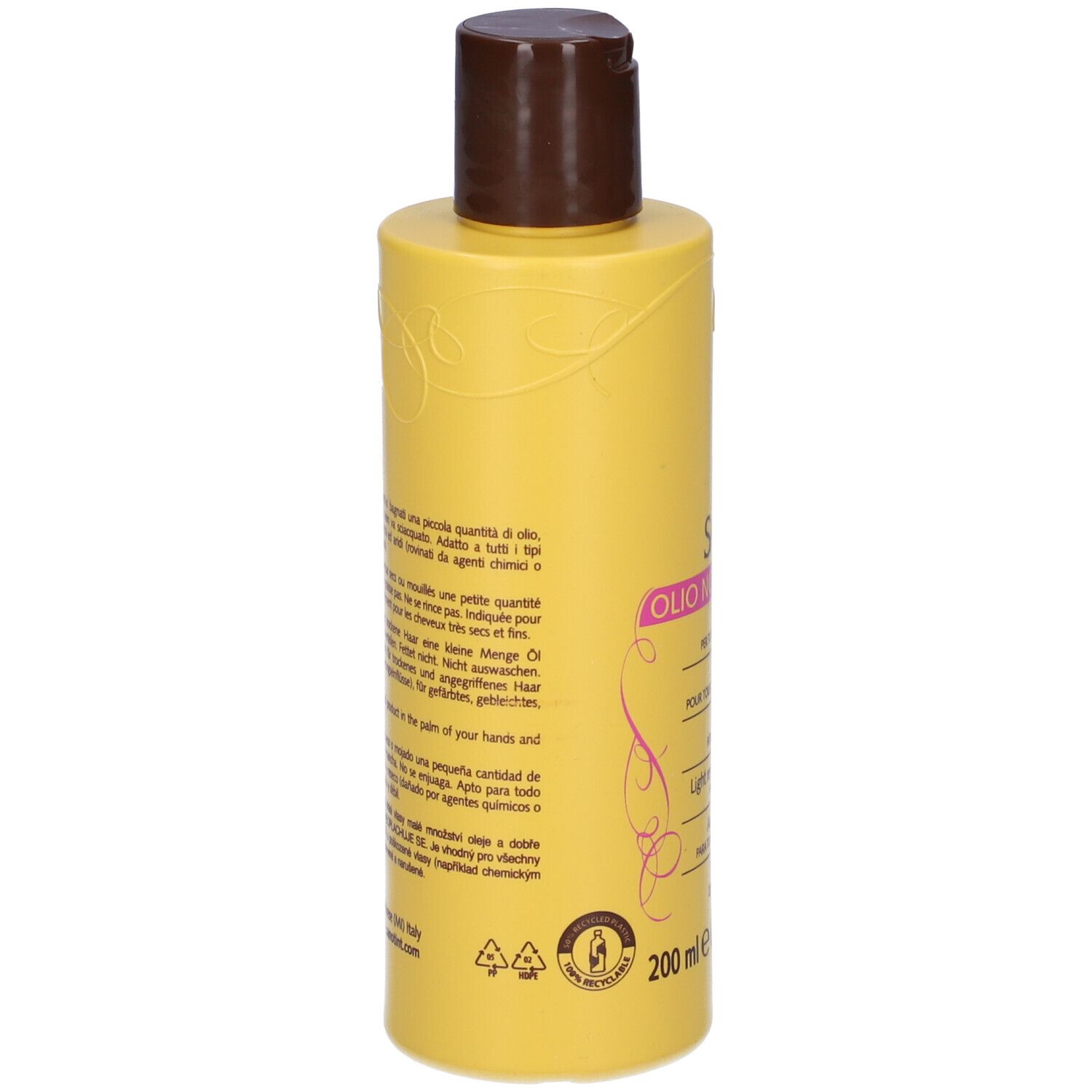 Flacone giallo con tappo marrone. Scritta Sanotint Olio Non Olio. 200 ml. Con simboli di riciclaggio.