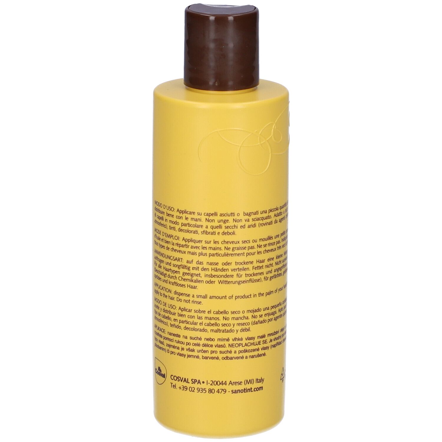 Flacone giallo con tappo marrone. Testo multilingue. Simboli di riciclaggio. Sanotint. 200 ml.