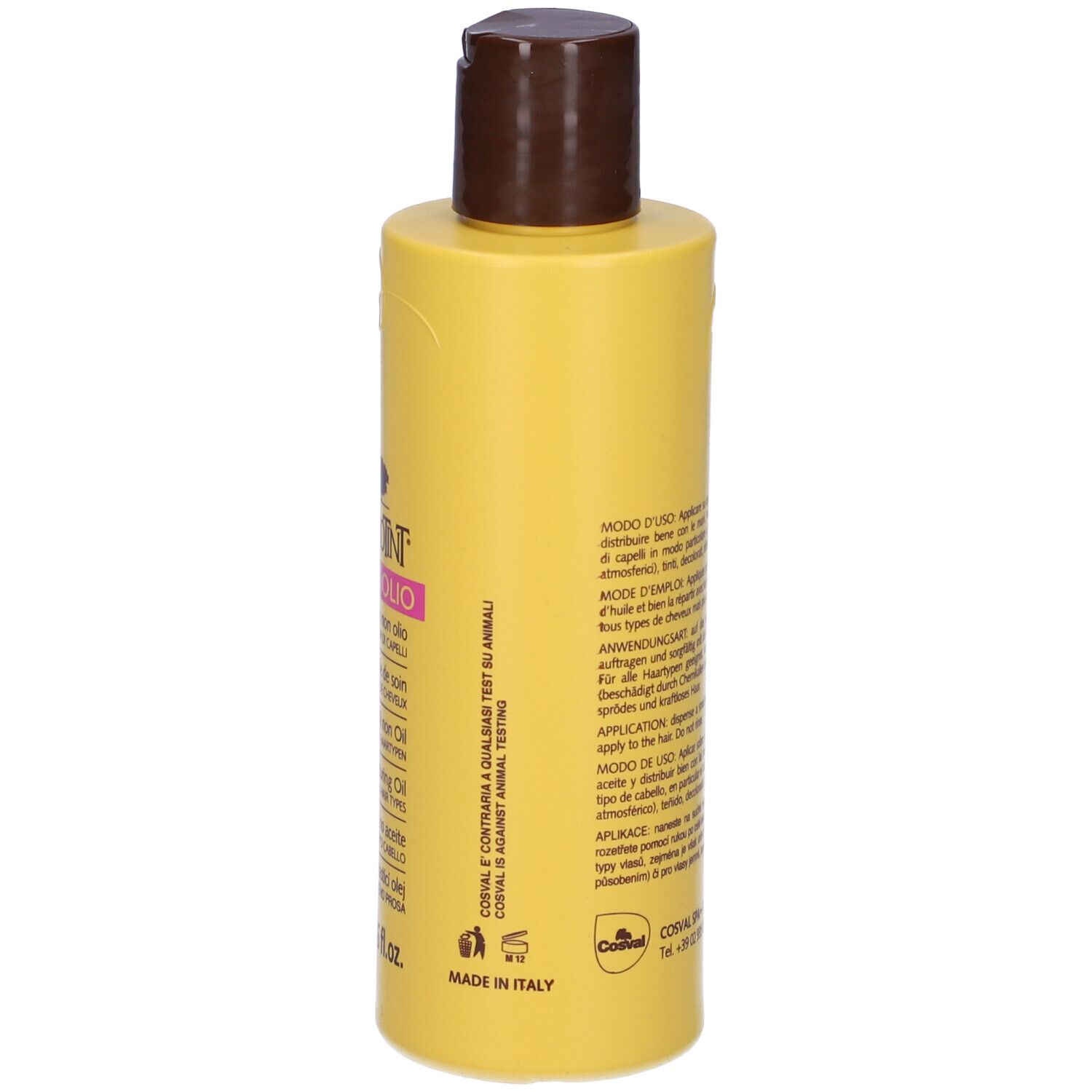 Flacone giallo con tappo marrone. Testo multilingue. Sanotint. Prodotto in Italia.