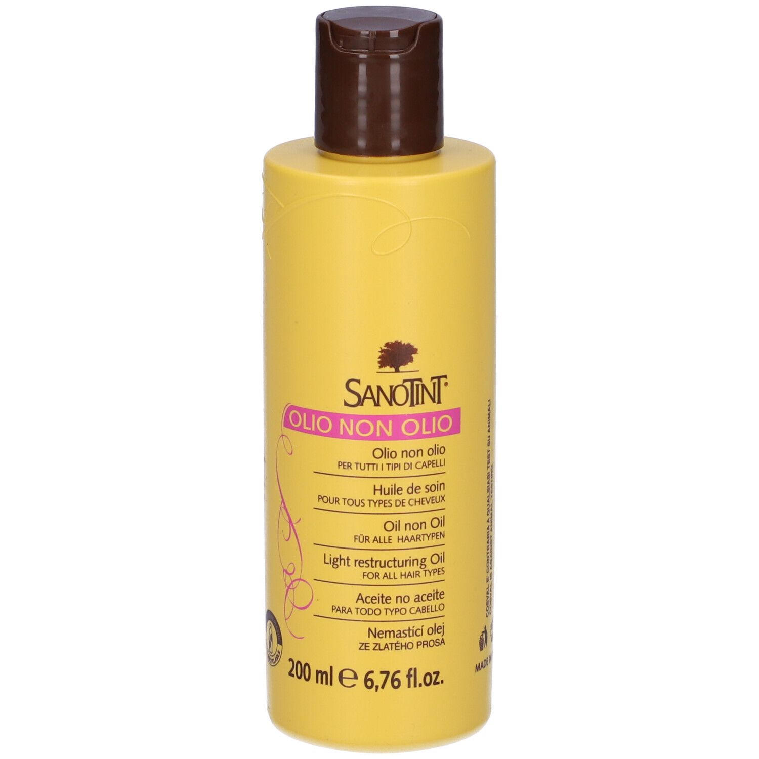 Flacone giallo con tappo marrone. Scritta Sanotint Olio Non Olio. 200 ml. Logo albero. Per tutti i tipi di capelli.