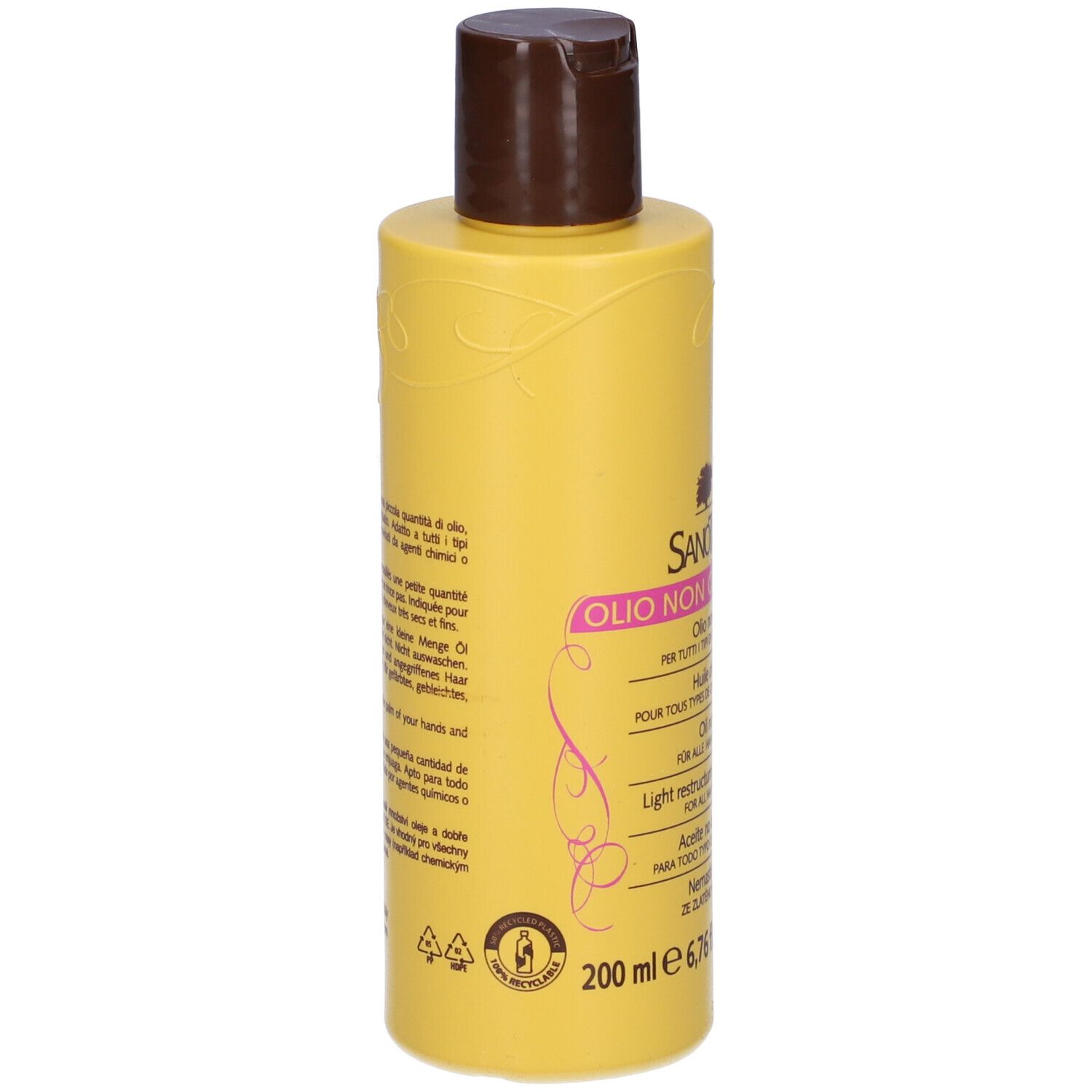 Flacone giallo con tappo marrone. Testo multilingue. Sanotint Olio Non Olio. 200 ml.