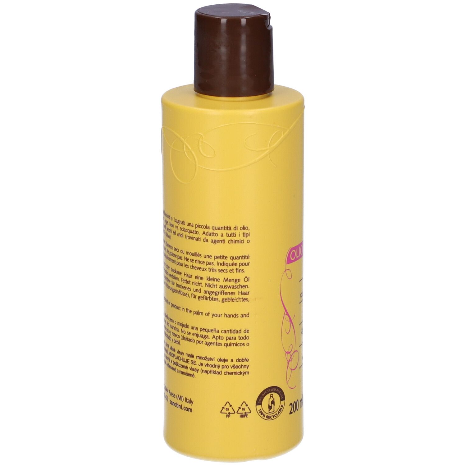 Flacone giallo con tappo marrone. Testo multilingue. Sanotint Olio Non Olio. 200 ml.