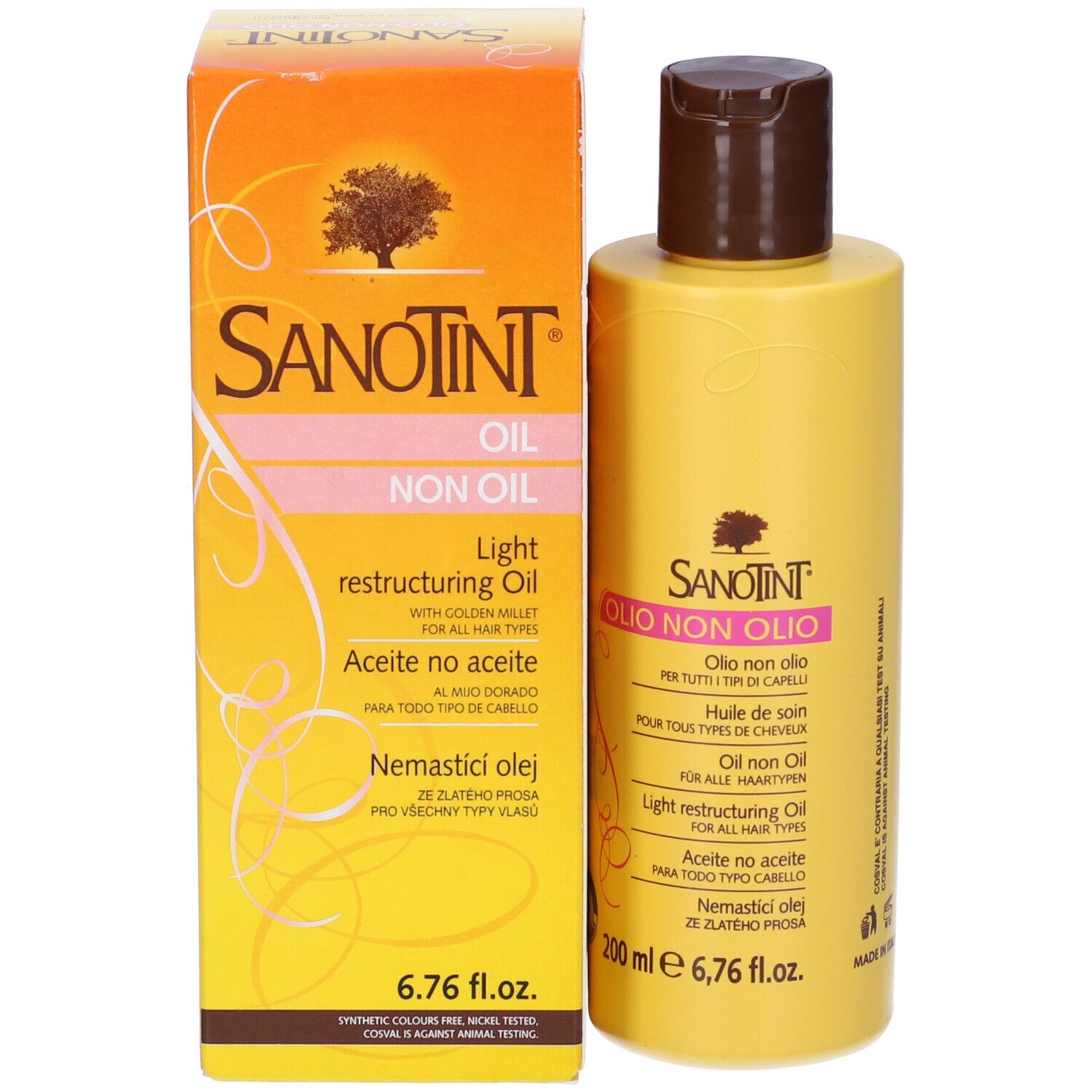 Scatola e flacone. Scritta Sanotint Olio Non Olio. 200 ml. Con tappo marrone. Logo albero. Giallo e arancione.