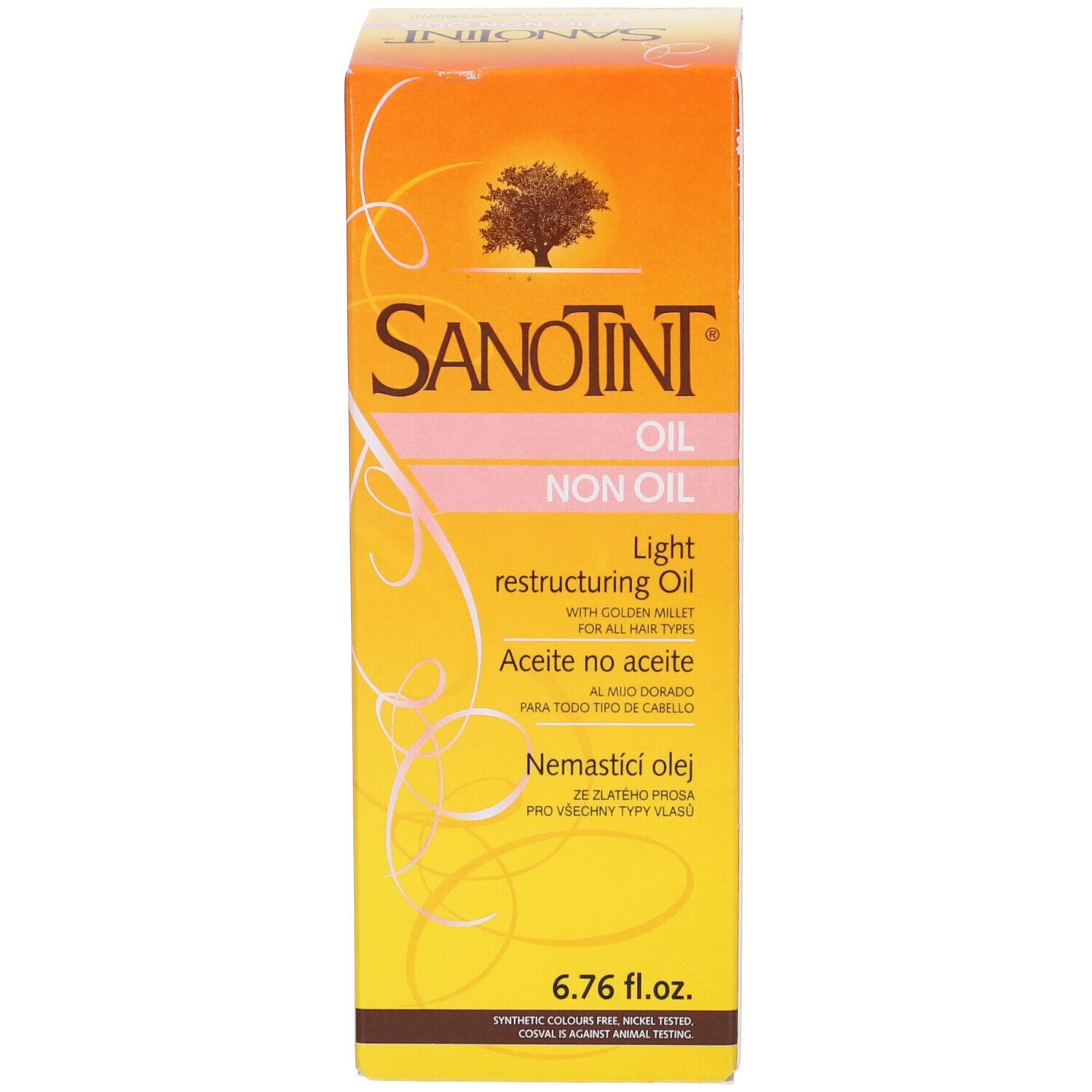 Scatola. Scritta Sanotint Olio Non Olio. 200 ml. Giallo e arancione. Logo albero. Testo multilingue.