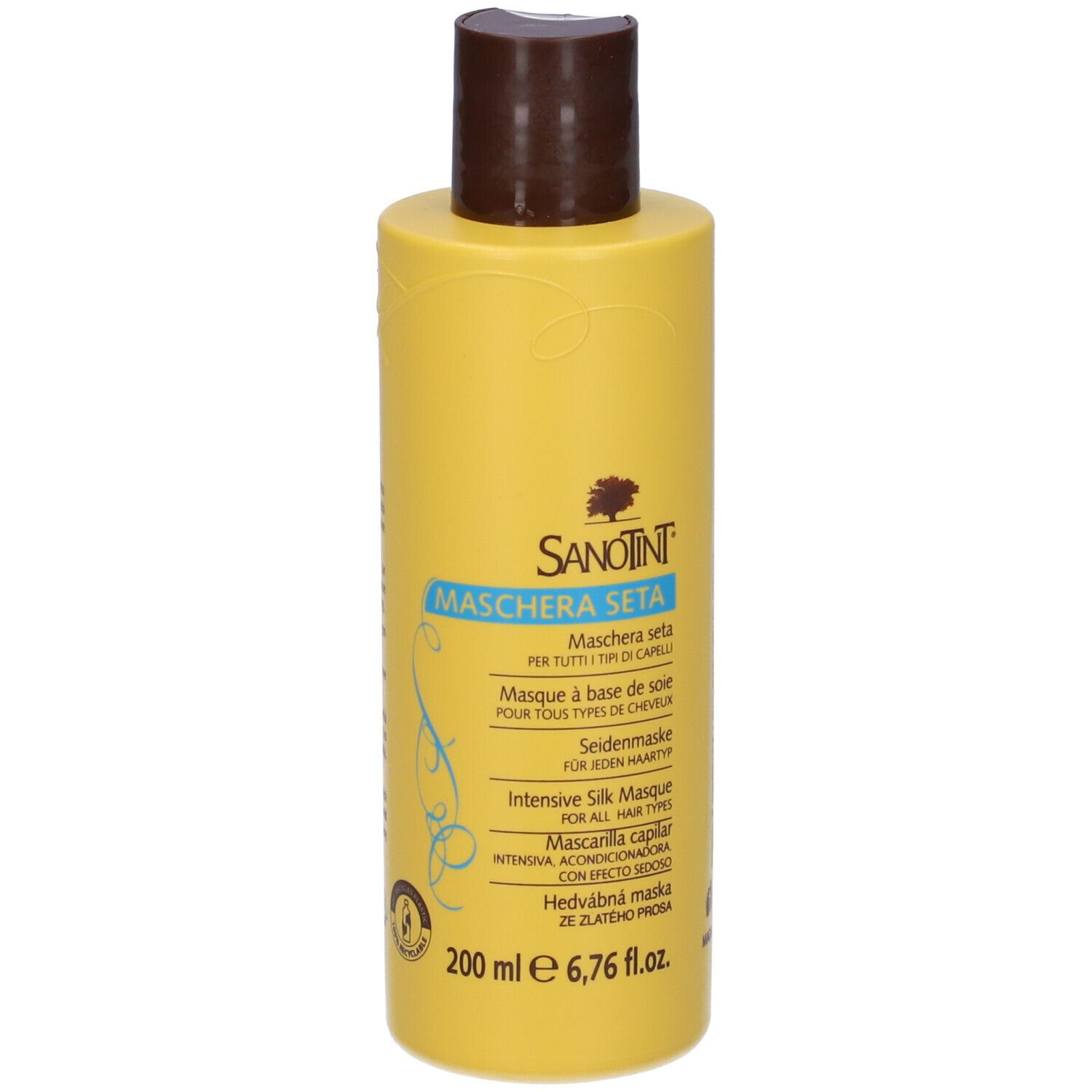 Flacone giallo con tappo marrone. Scritta: Sanotint Maschera Seta. 200 ml.