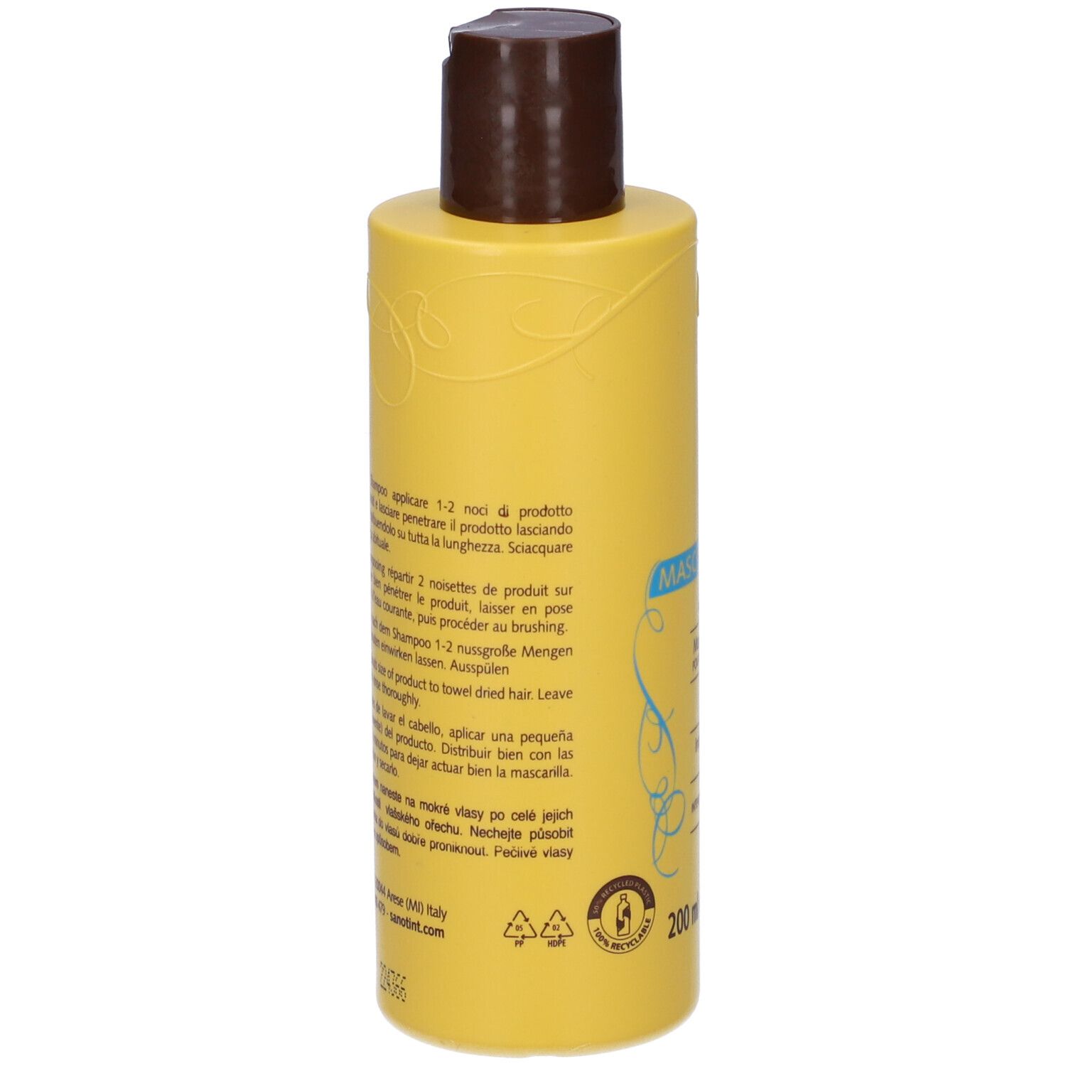 Retro di un flacone giallo con tappo marrone. Testo multilingue.
