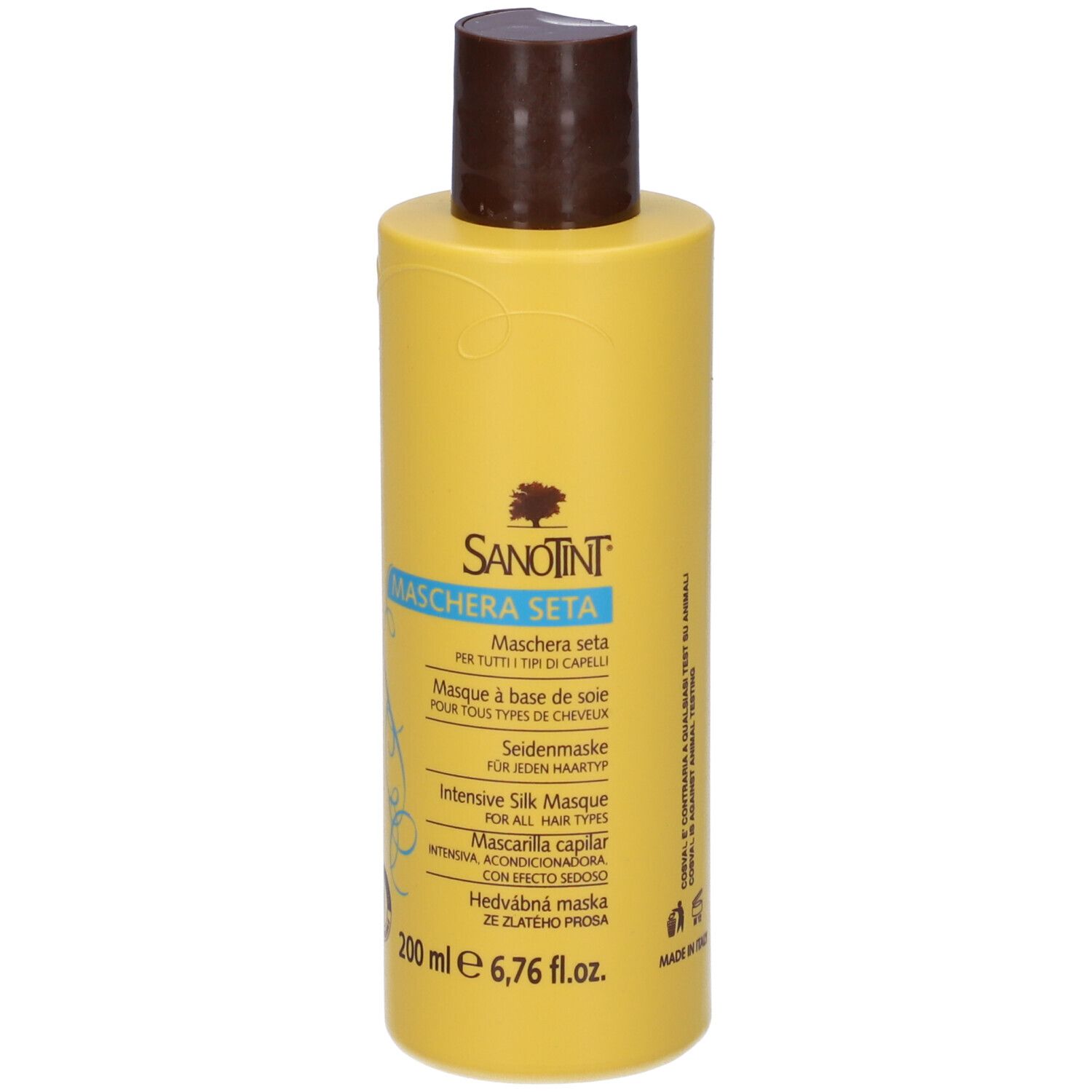 Retro di un flacone giallo con tappo marrone. Testo multilingue.
