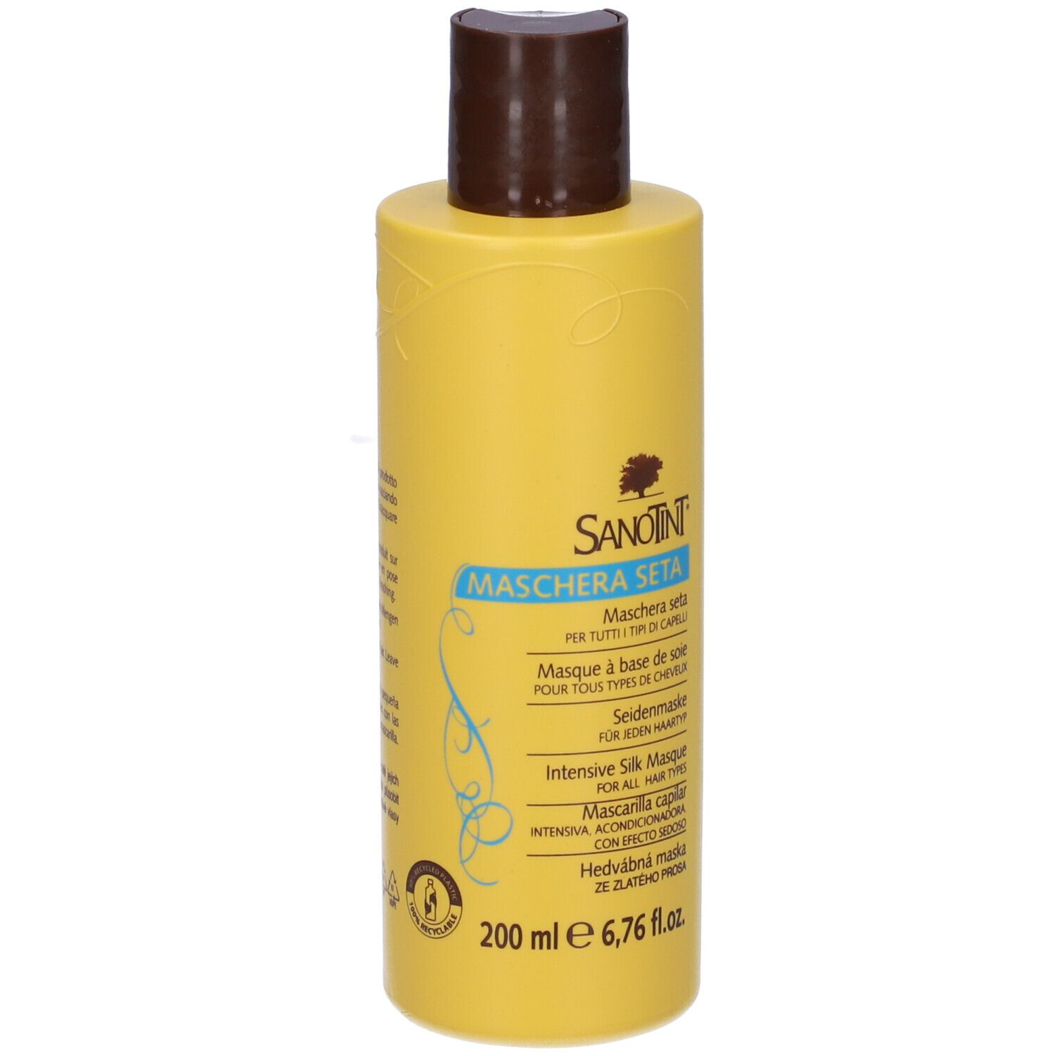 Flacone giallo con tappo marrone. Scritta: Sanotint Maschera Seta. 200 ml.