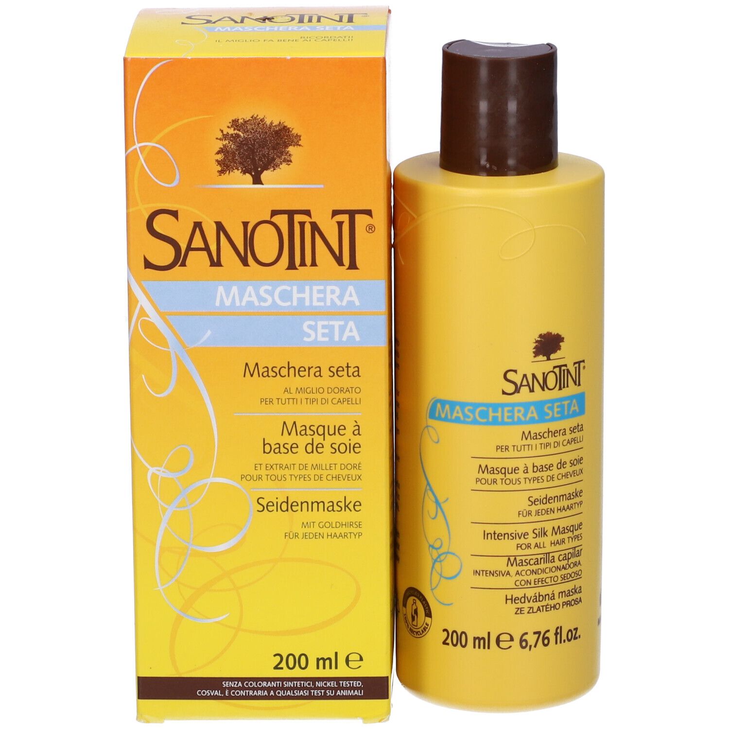 Flacone giallo con tappo marrone e confezione. Scritta: Sanotint Maschera Seta. 200 ml.
