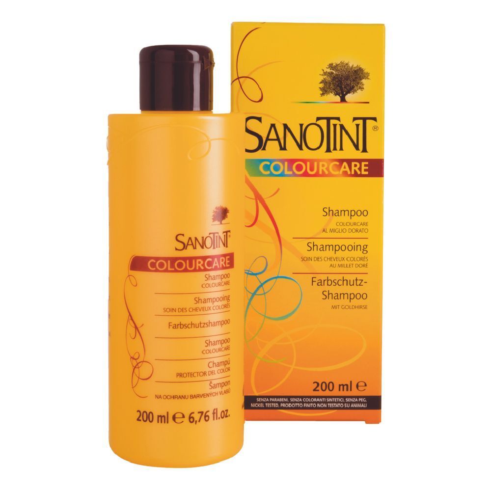 Flacone di shampoo giallo con tappo marrone e scatola. Scritta: Sanotint Colourcare, Shampoo, 200 ml.
