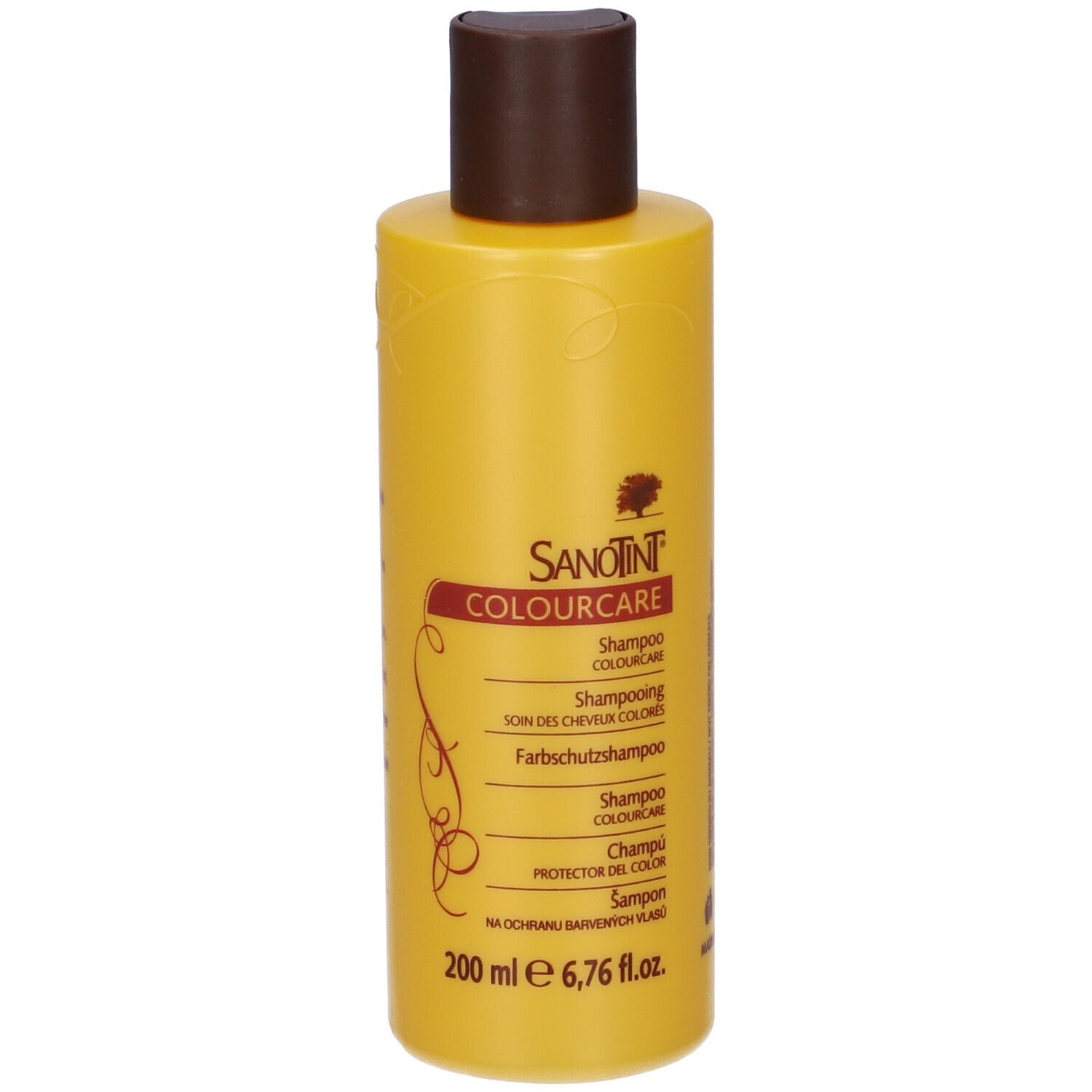 Flacone di shampoo giallo con tappo marrone. Scritta: Sanotint Colourcare, Shampoo, 200 ml.
