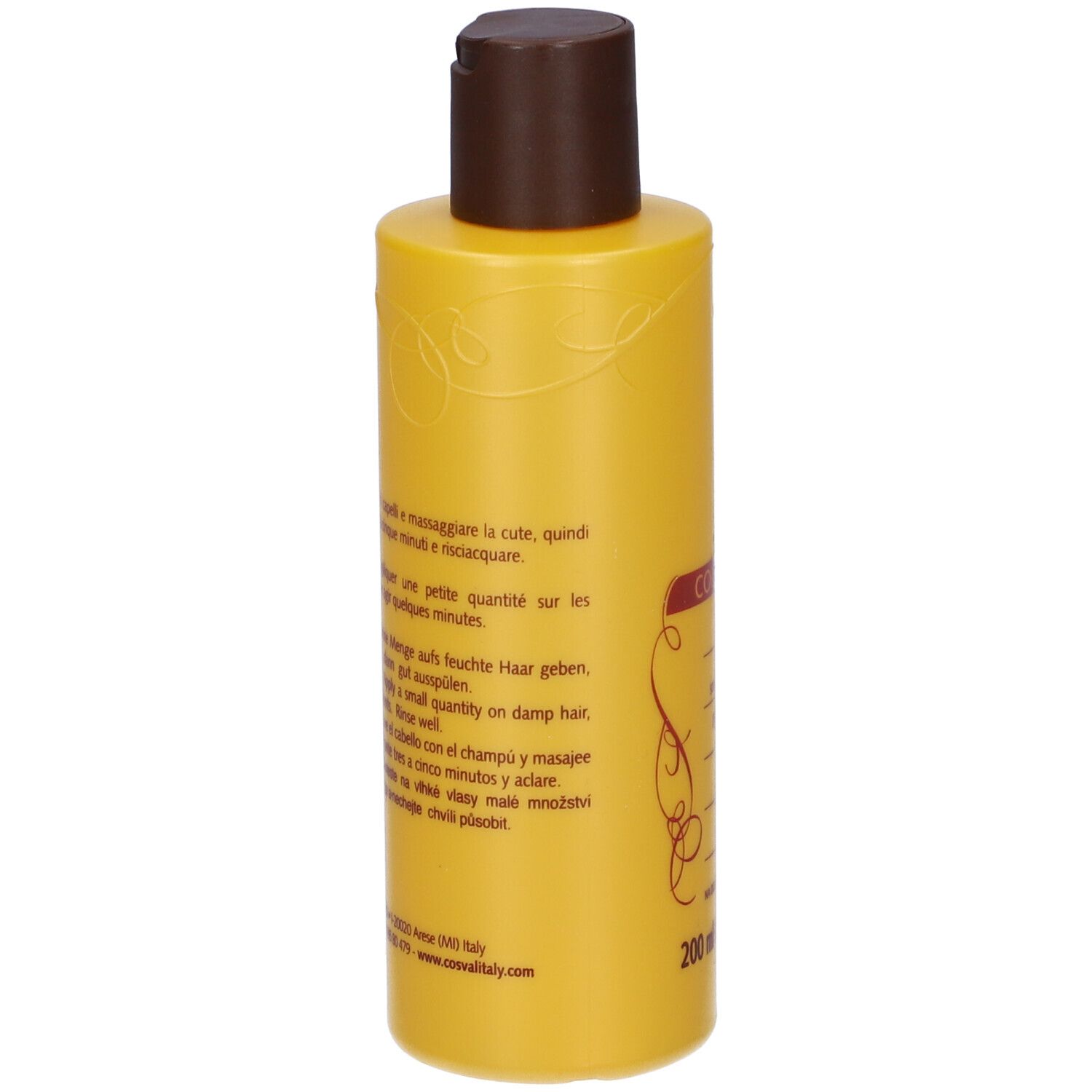 Retro di un flacone di shampoo giallo con tappo marrone. Testo multilingue.