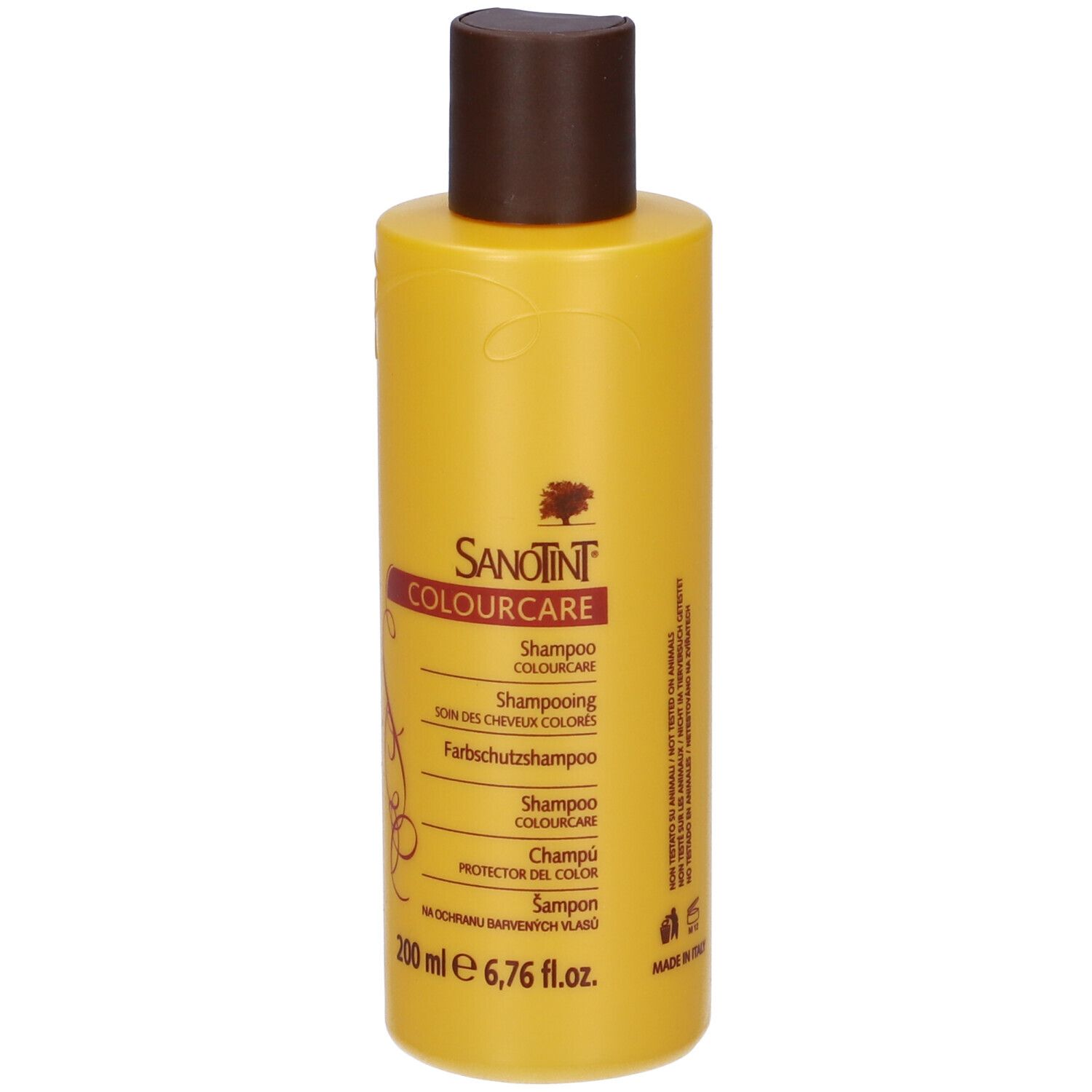 Flacone di shampoo giallo con tappo marrone. Scritta: Sanotint Colourcare, Shampoo, 200 ml.