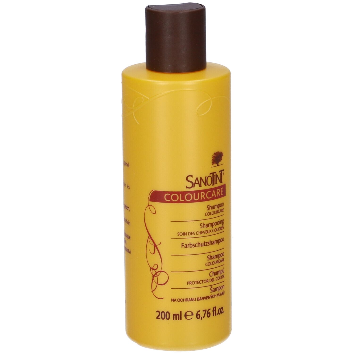 Flacone di shampoo giallo con tappo marrone. Scritta: Sanotint Colourcare, Shampoo, 200 ml.