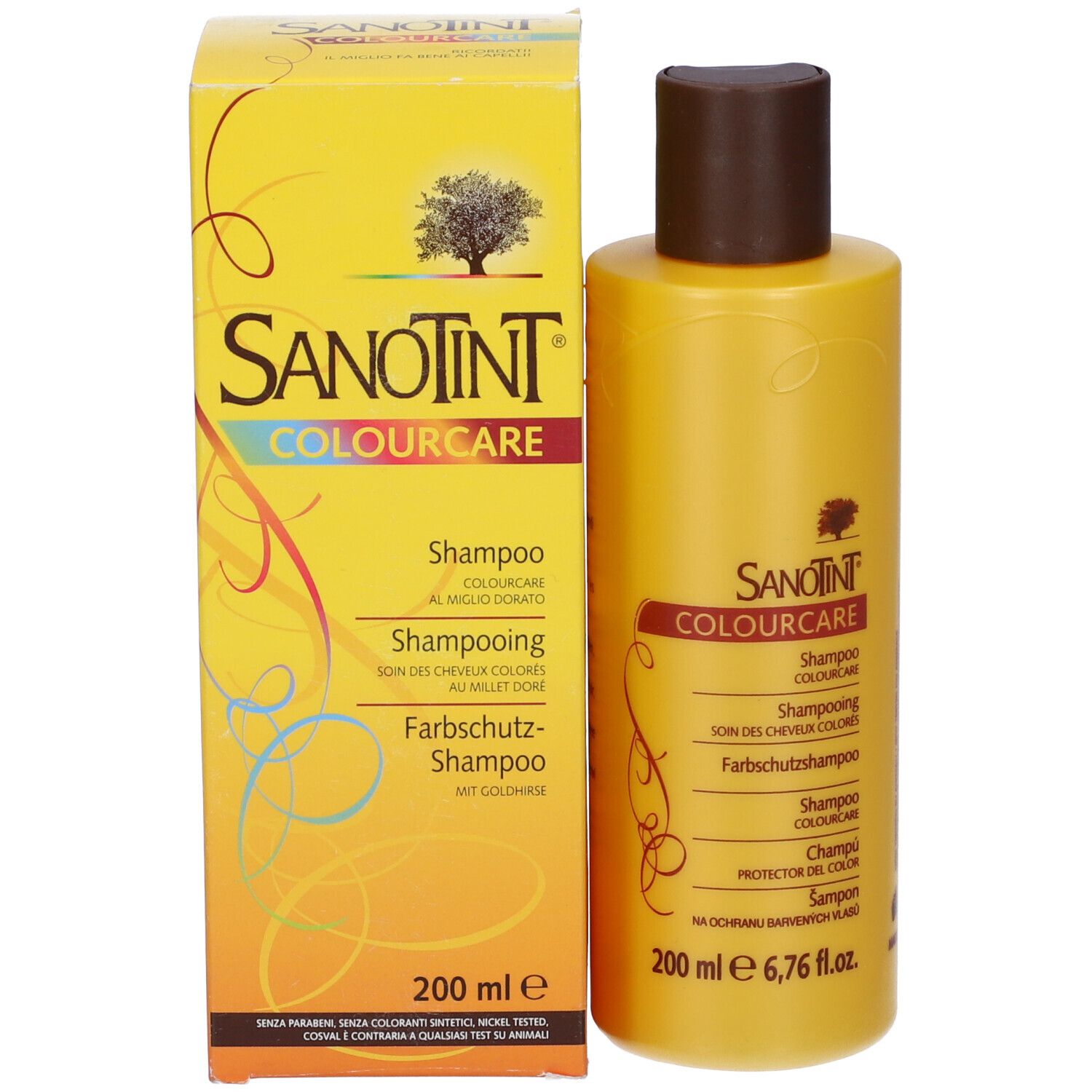 Flacone di shampoo giallo con tappo marrone e scatola. Scritta: Sanotint Colourcare, Shampoo, 200 ml.