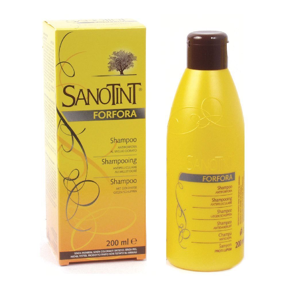 Flacone e scatola di shampoo gialli. Scritta: Sanotint Forfora Shampoo. 200 ml.