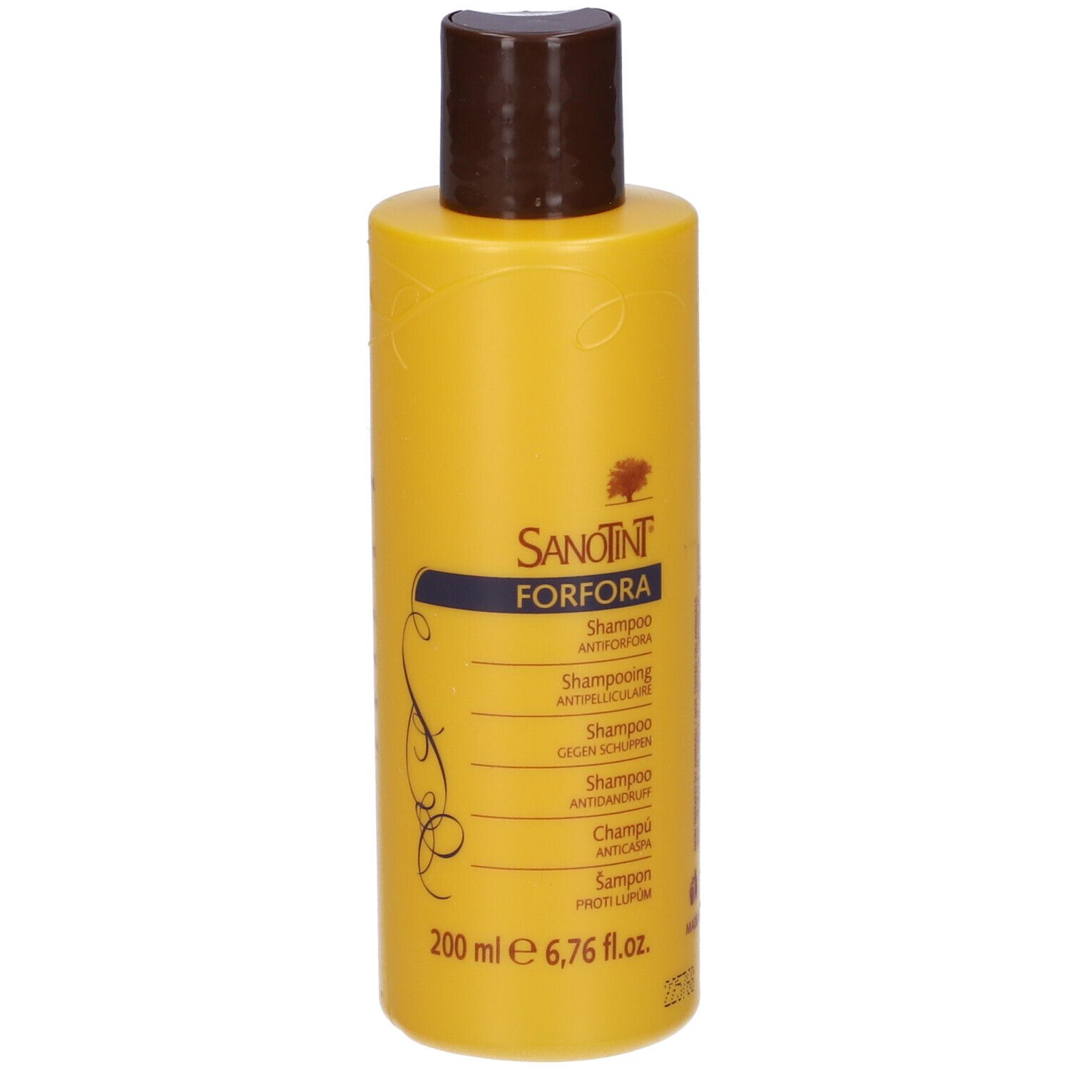 Flacone di shampoo giallo con tappo marrone. Scritta: Sanotint Forfora Shampoo. 200 ml.