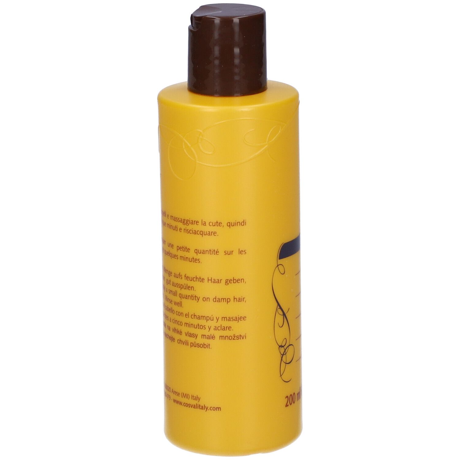 Flacone di shampoo giallo con tappo marrone. Retro con testo. 200 ml.