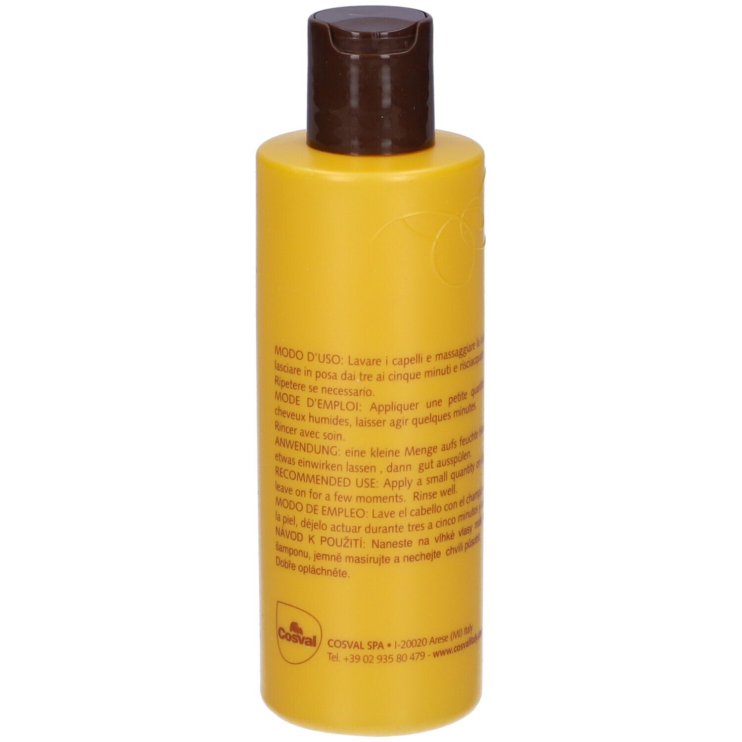 Flacone di shampoo giallo con tappo marrone. Retro con testo. 200 ml.