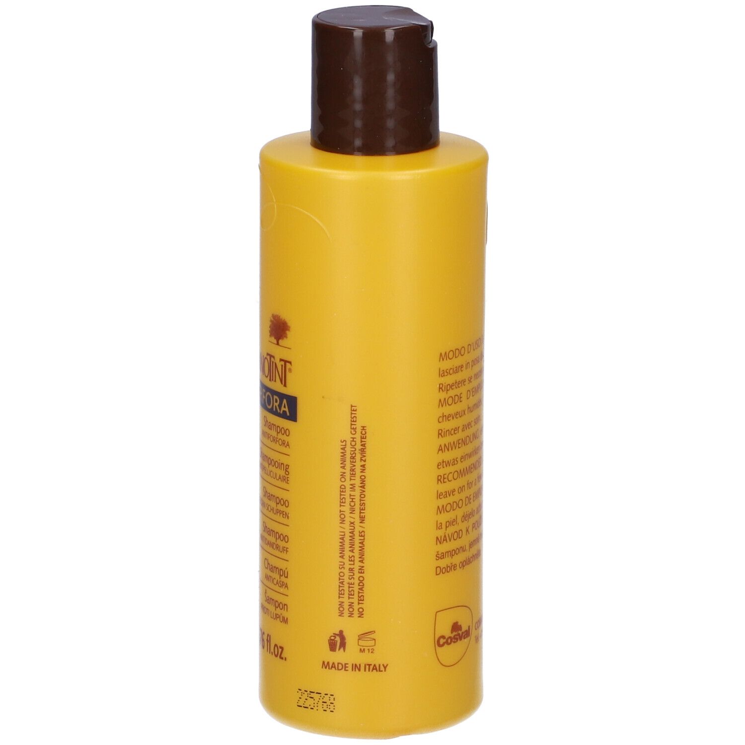 Flacone di shampoo giallo con tappo marrone. Retro con testo. 200 ml.