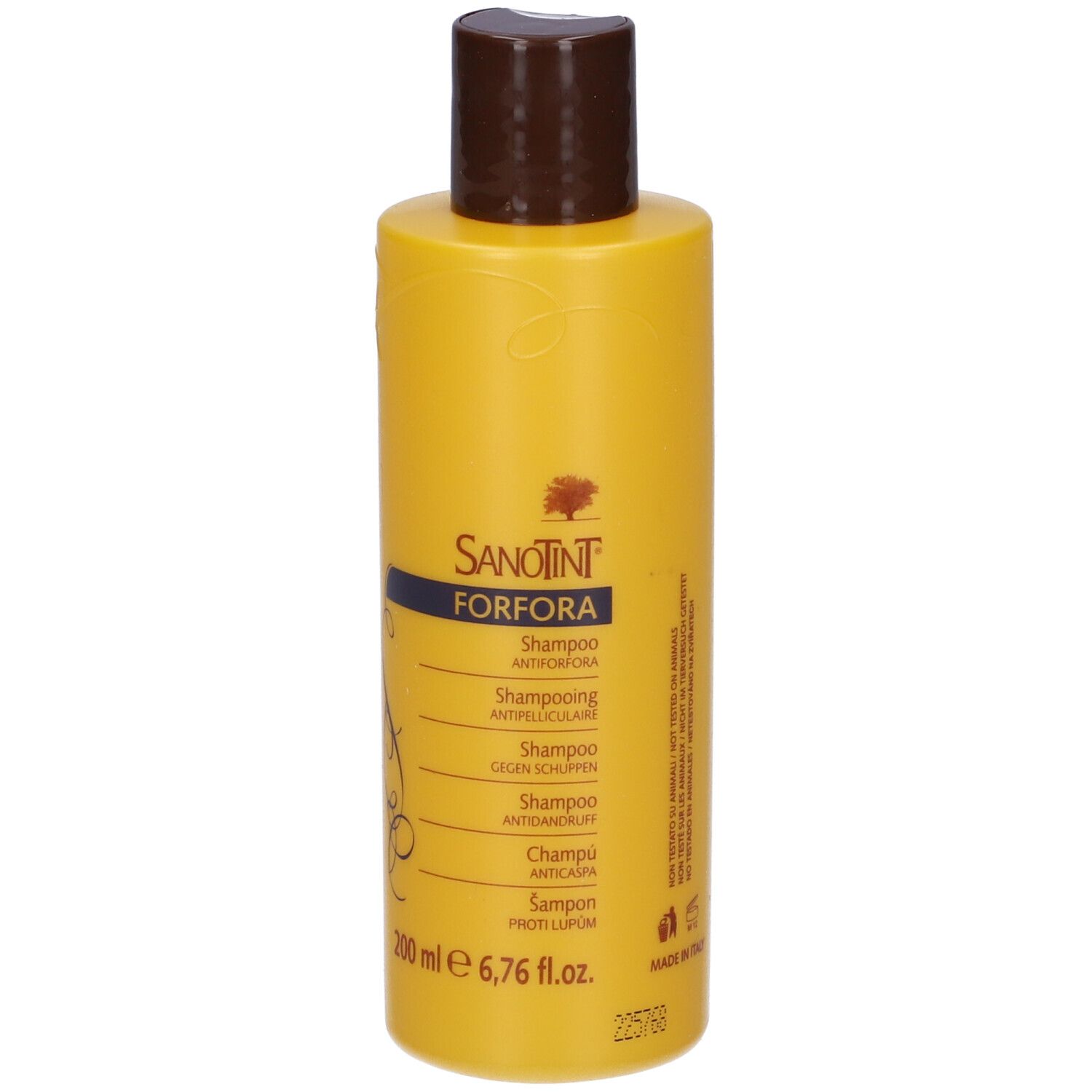 Flacone di shampoo giallo con tappo marrone. Scritta: Sanotint Forfora Shampoo. 200 ml.