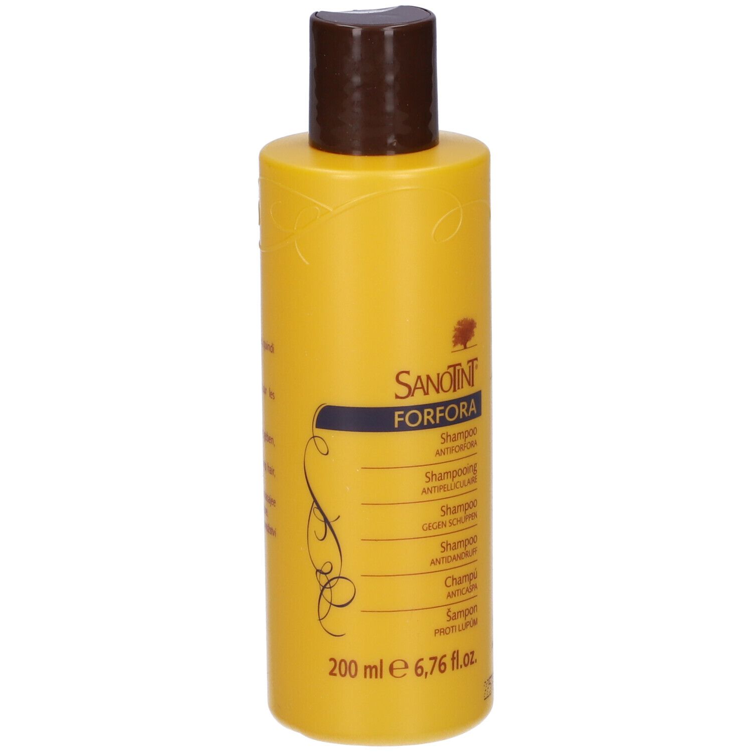 Flacone di shampoo giallo con tappo marrone. Scritta: Sanotint Forfora Shampoo. 200 ml.